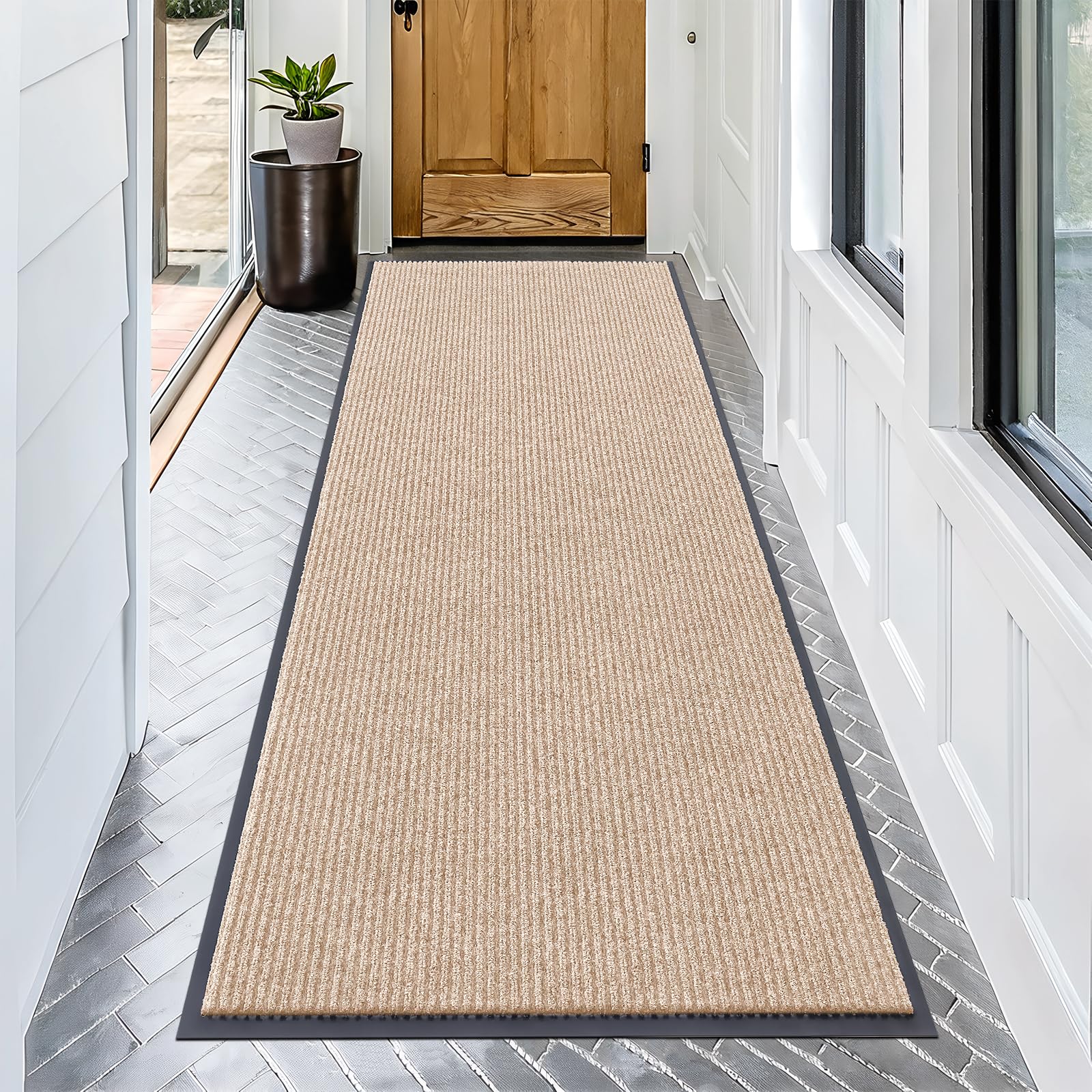 OLANLY Front Door Mat 71x34 beige with modern stripe pattern