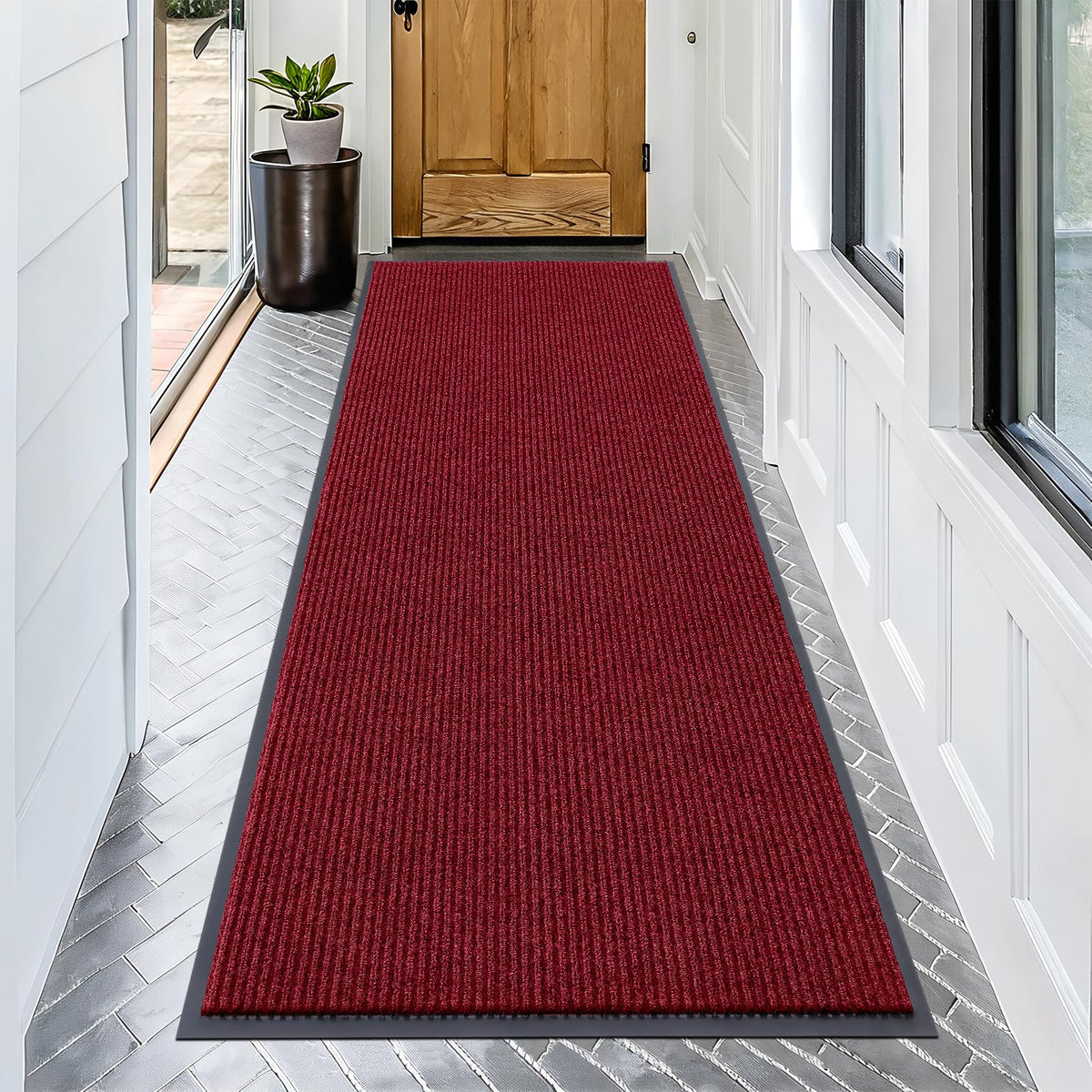 OLANLY Front Door Mat 71x34 in wine red with modern stripe pattern