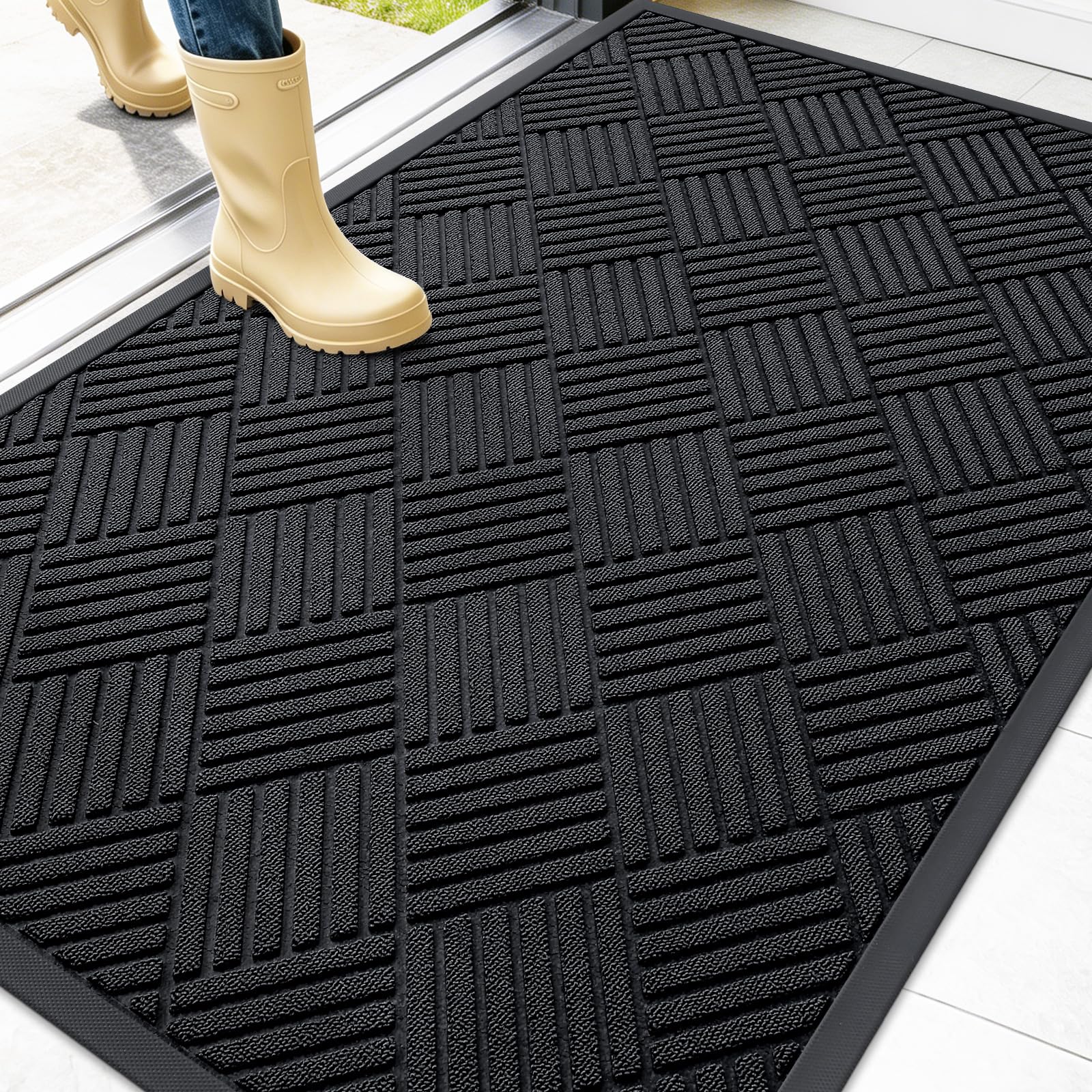 OLANLY Front Door Mat black diamond design front view