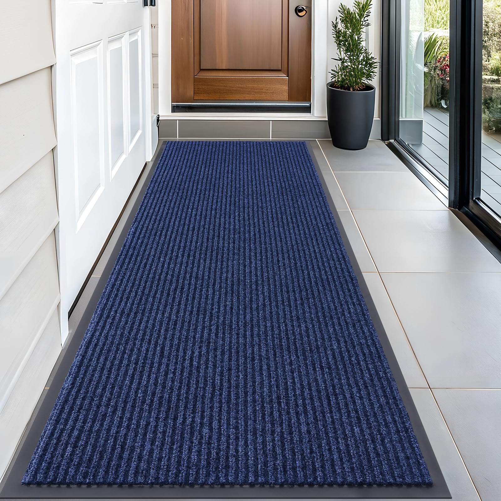 OLANLY Front Door Mat blue model front view with modern stripe pattern
