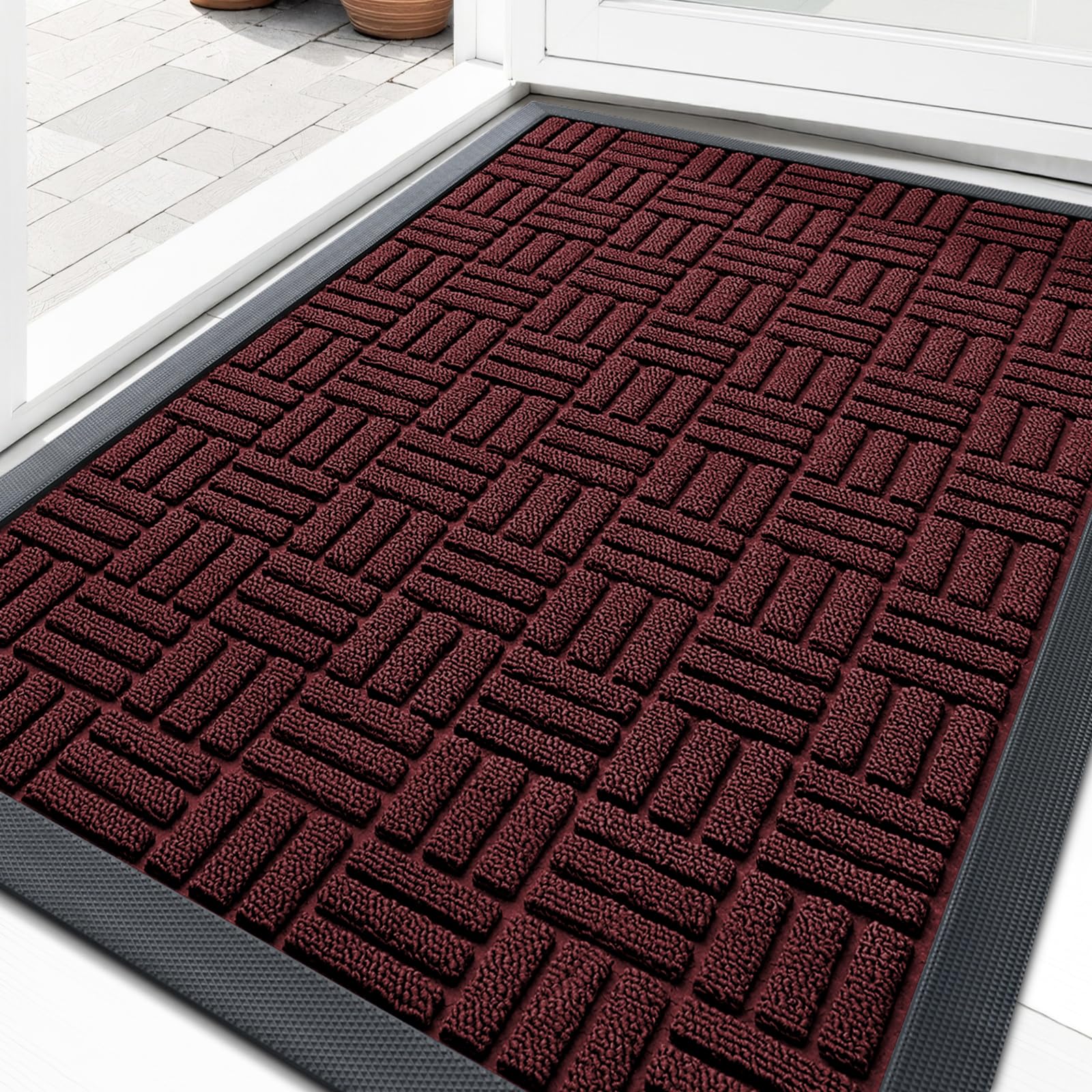OLANLY Front Door Mat Burgundy 33x21 inches front view