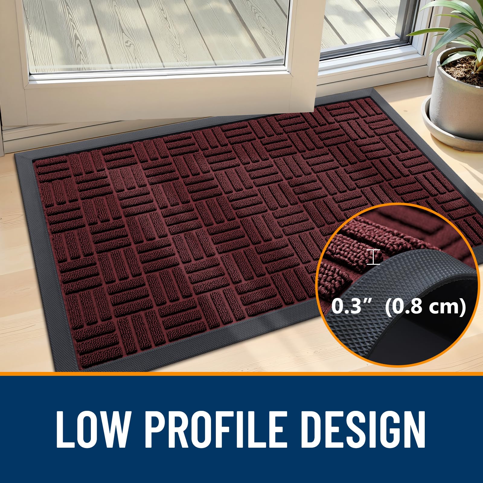 OLANLY Front Door Mat Burgundy showing rubber backing