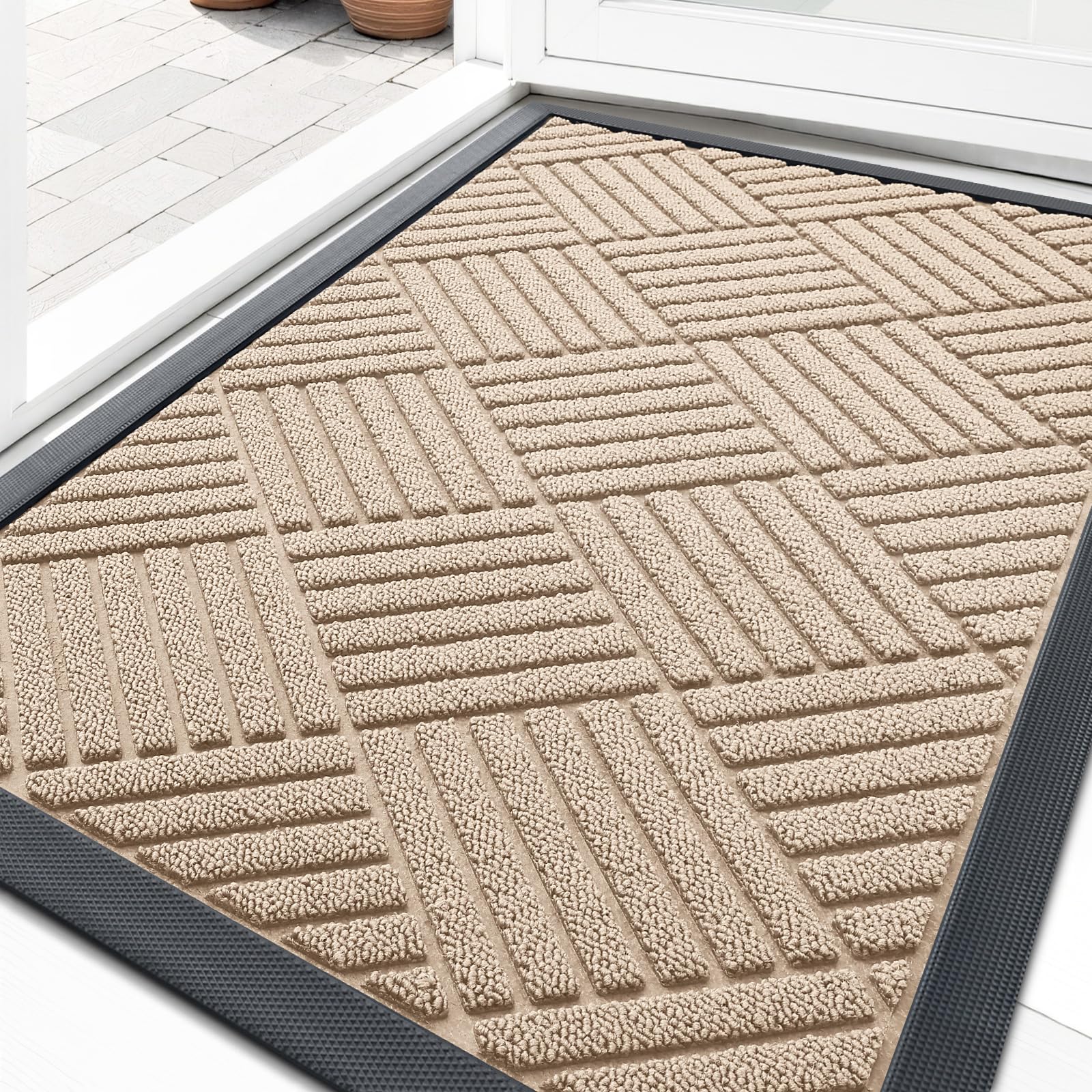 OLANLY front door mat latte white diamond front view