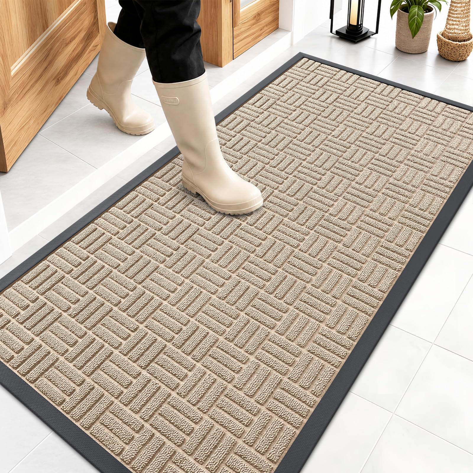 OLANLY Front Door Mat Latte White front view