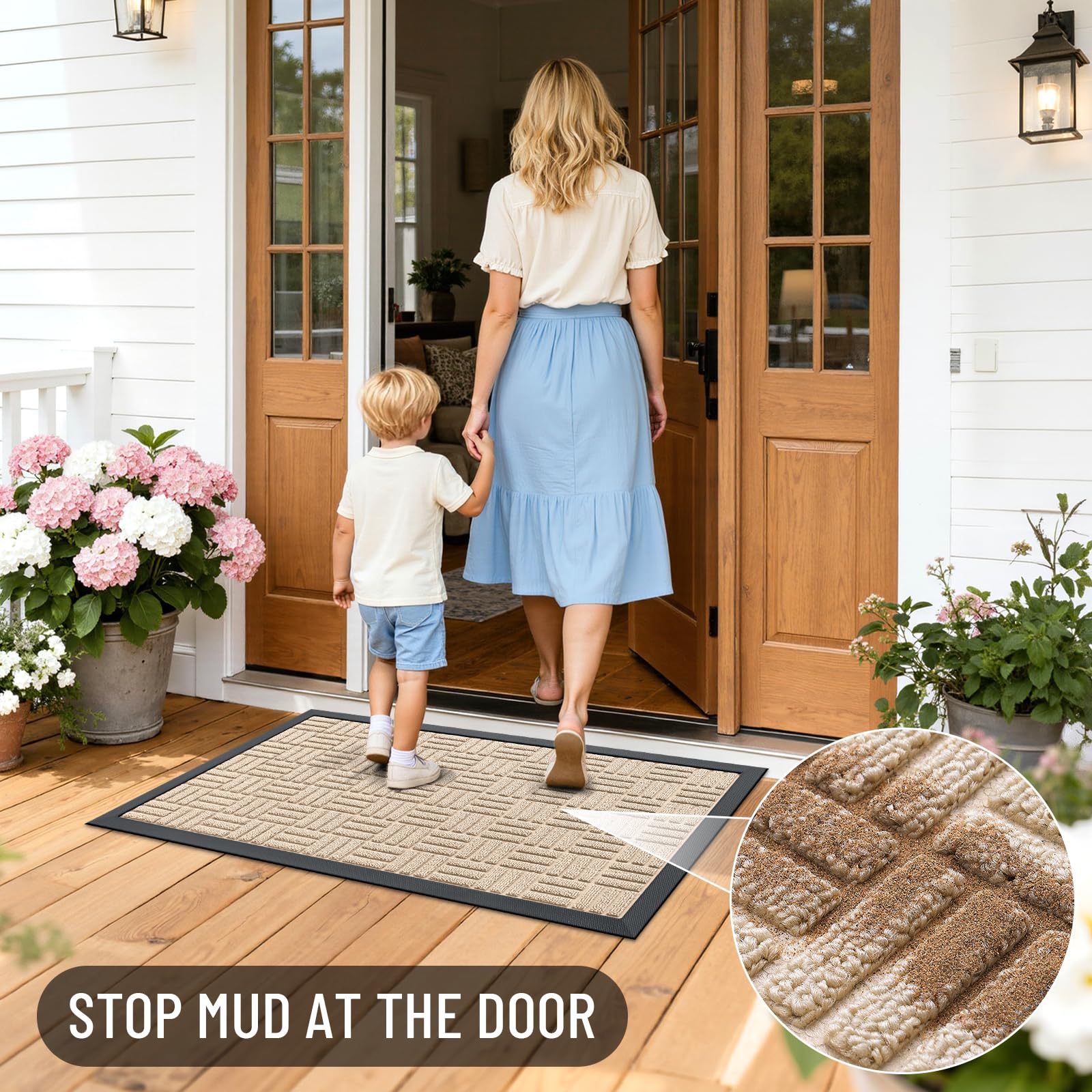 OLANLY Front Door Mat Latte White on patio