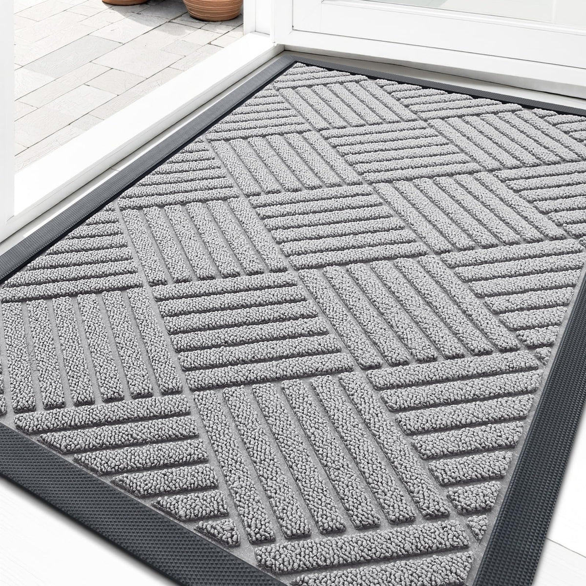OLANLY Front Door Mat Light Gray Diamond front view
