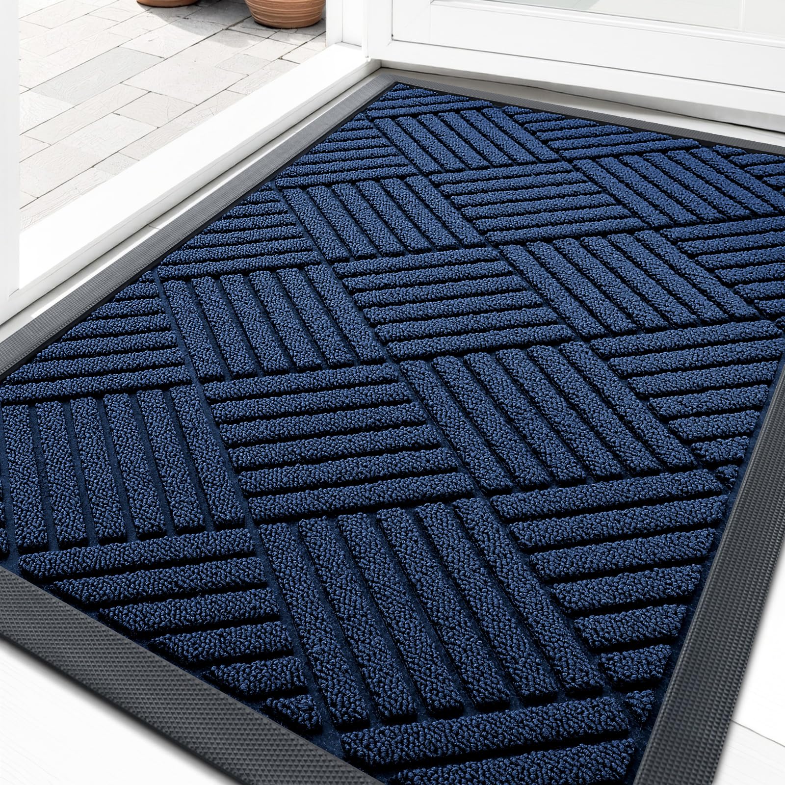 OLANLY Front Door Mat Navy Blue Diamond front view
