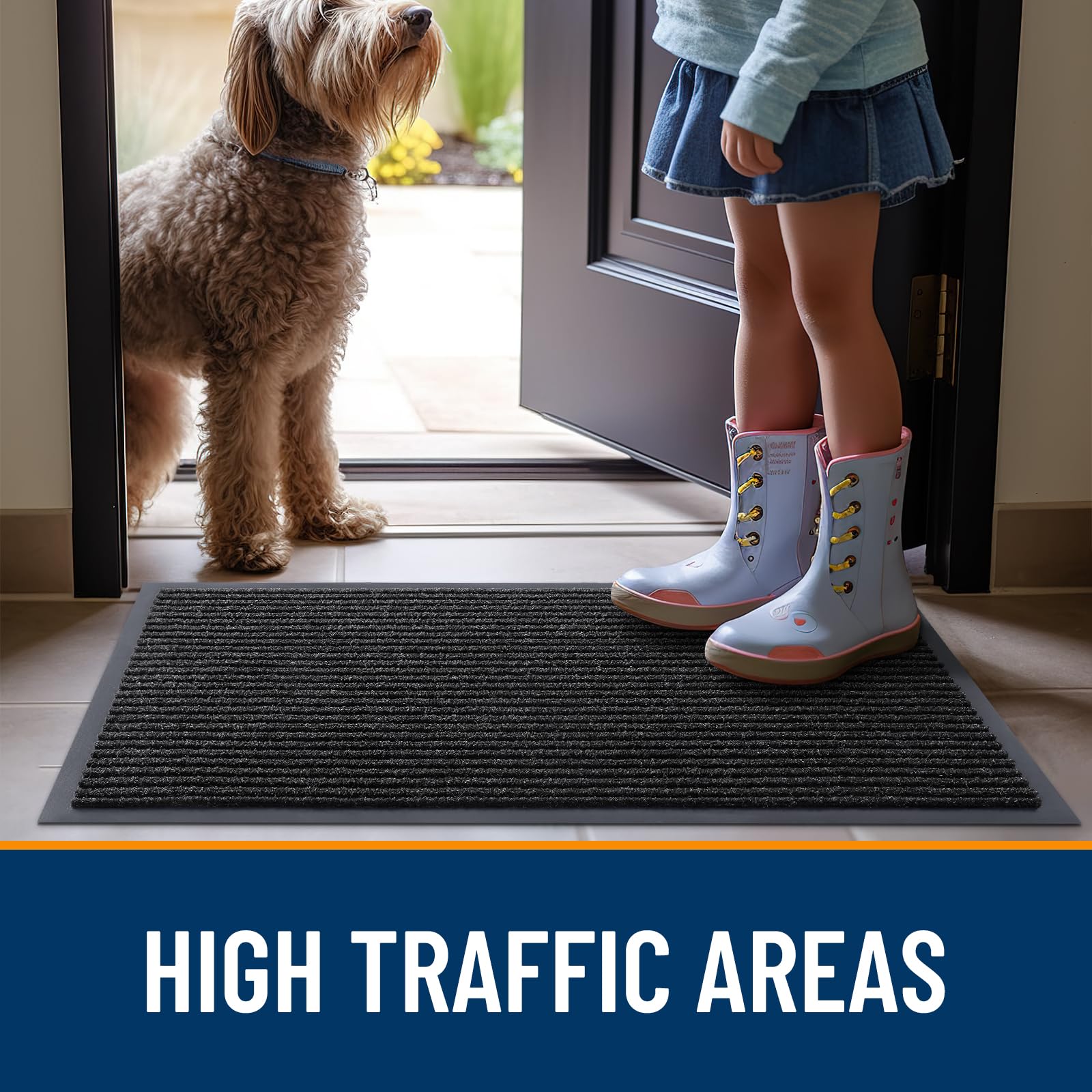 OLANLY Front Door Mat off-black with dimensions displayed