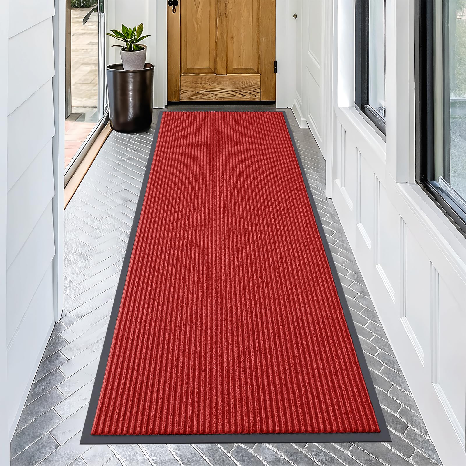 OLANLY Front Door Mat red colour front view with modern stripe pattern