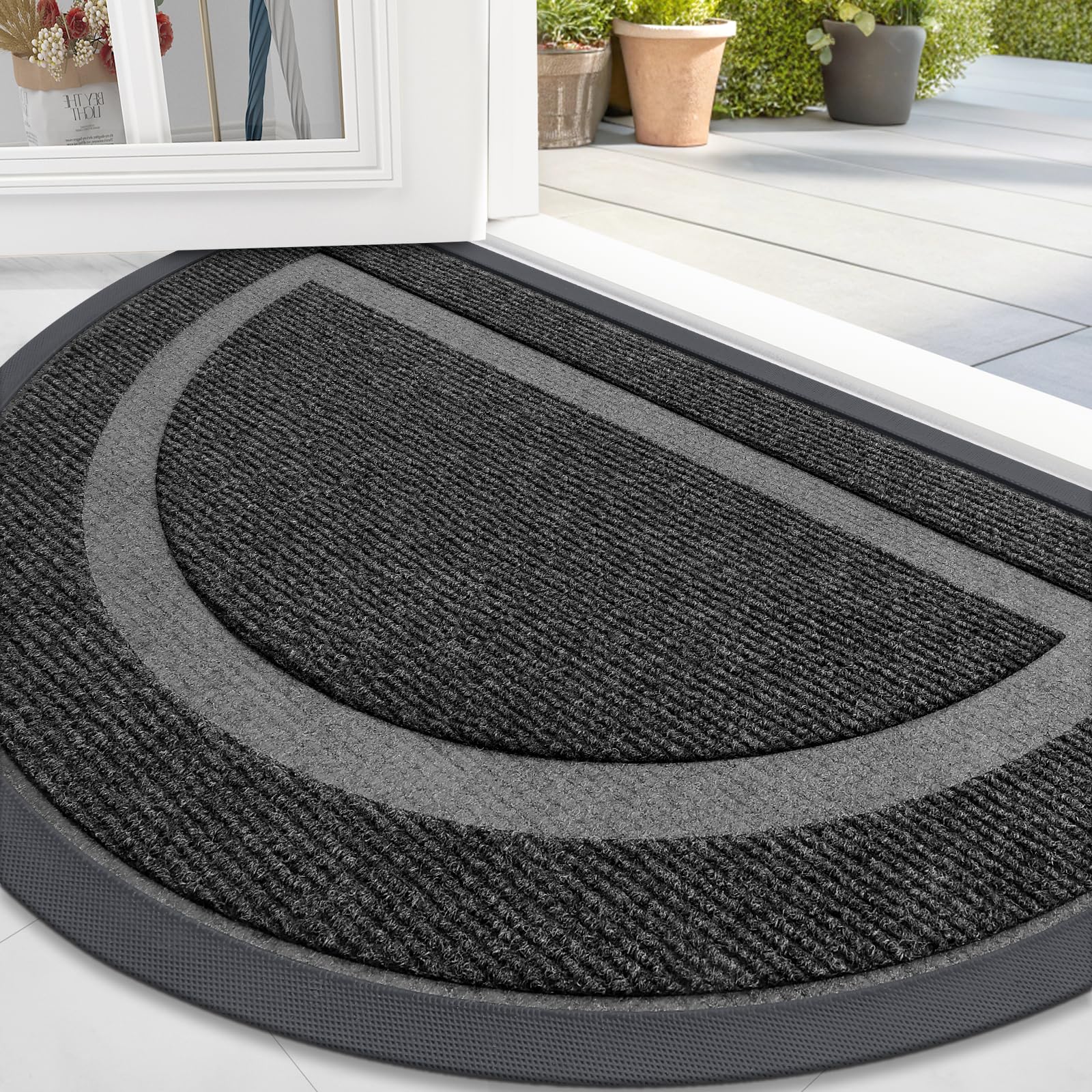 OLANLY Half Circle Door Mat front view, black, 33x21 inches