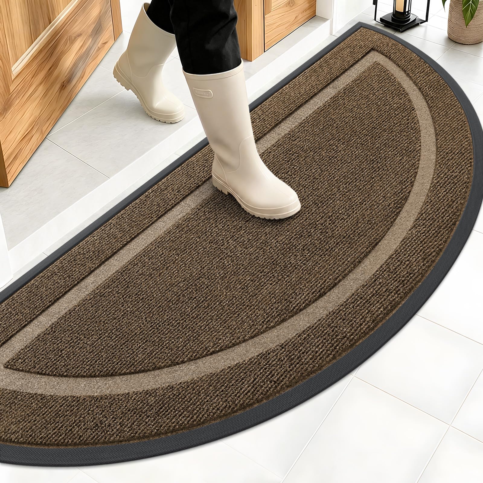 OLANLY Half Circle Door Mat front view, brown, 59x34 inches