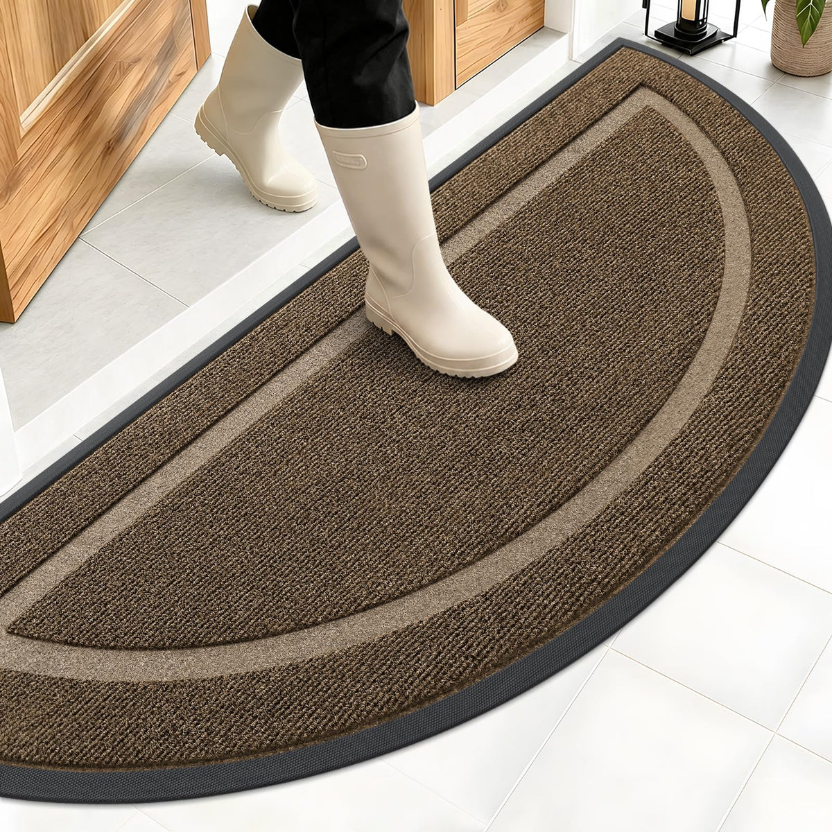 OLANLY Half Circle Door Mat front view, brown, 59x34 inches