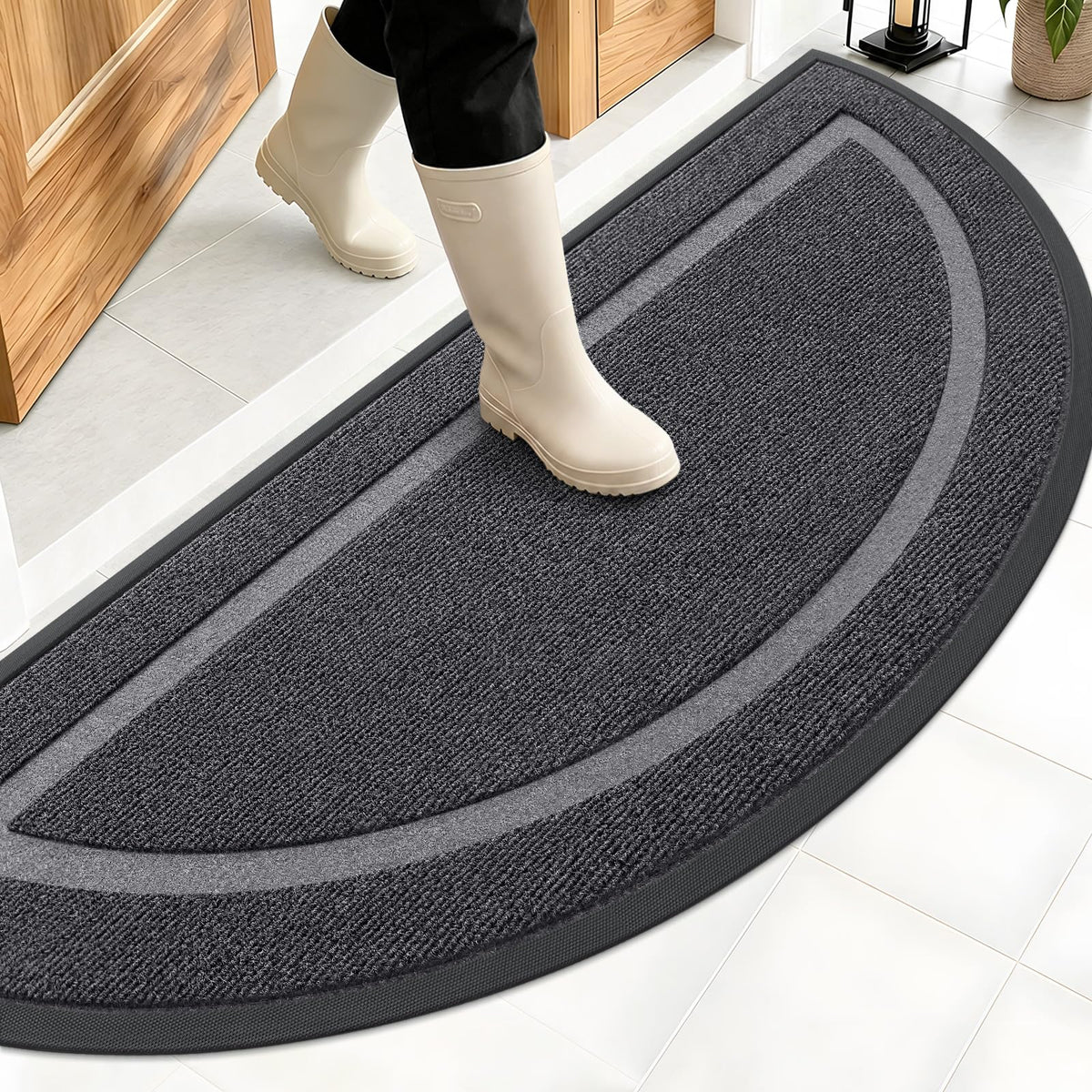 OLANLY Half Circle Door Mat front view, grey, 59x23 inches