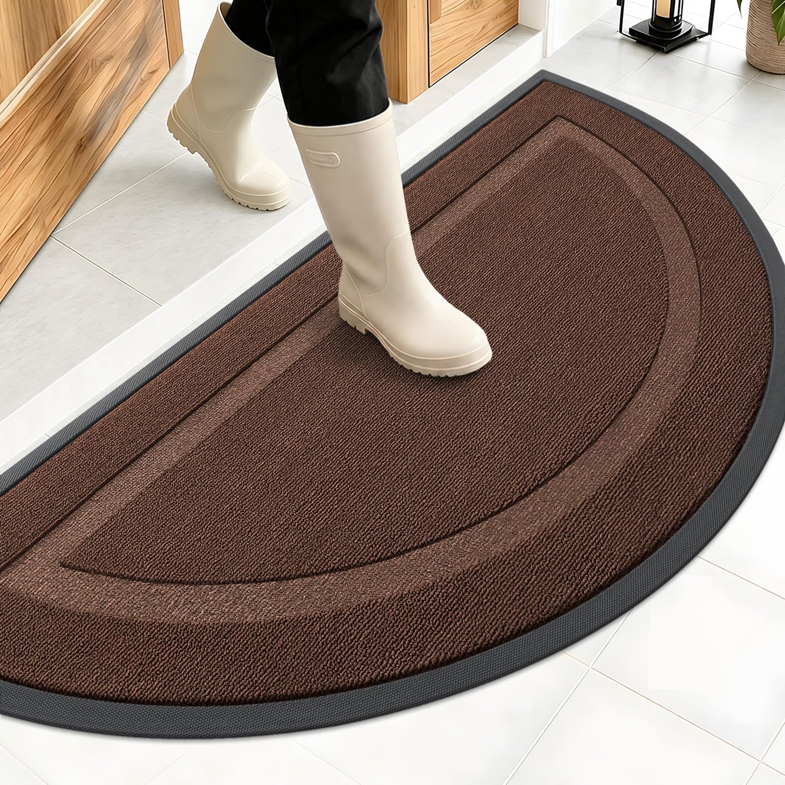 OLANLY Half Circle Door Mat front view in chocolate brown
