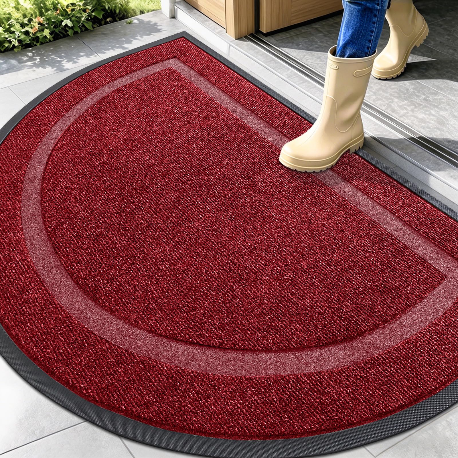 OLANLY Half Circle Door Mat front view in Wine Red