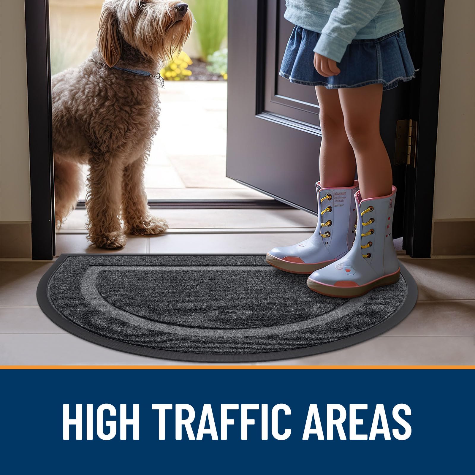 OLANLY Half Circle Door Mat Grey in front of door