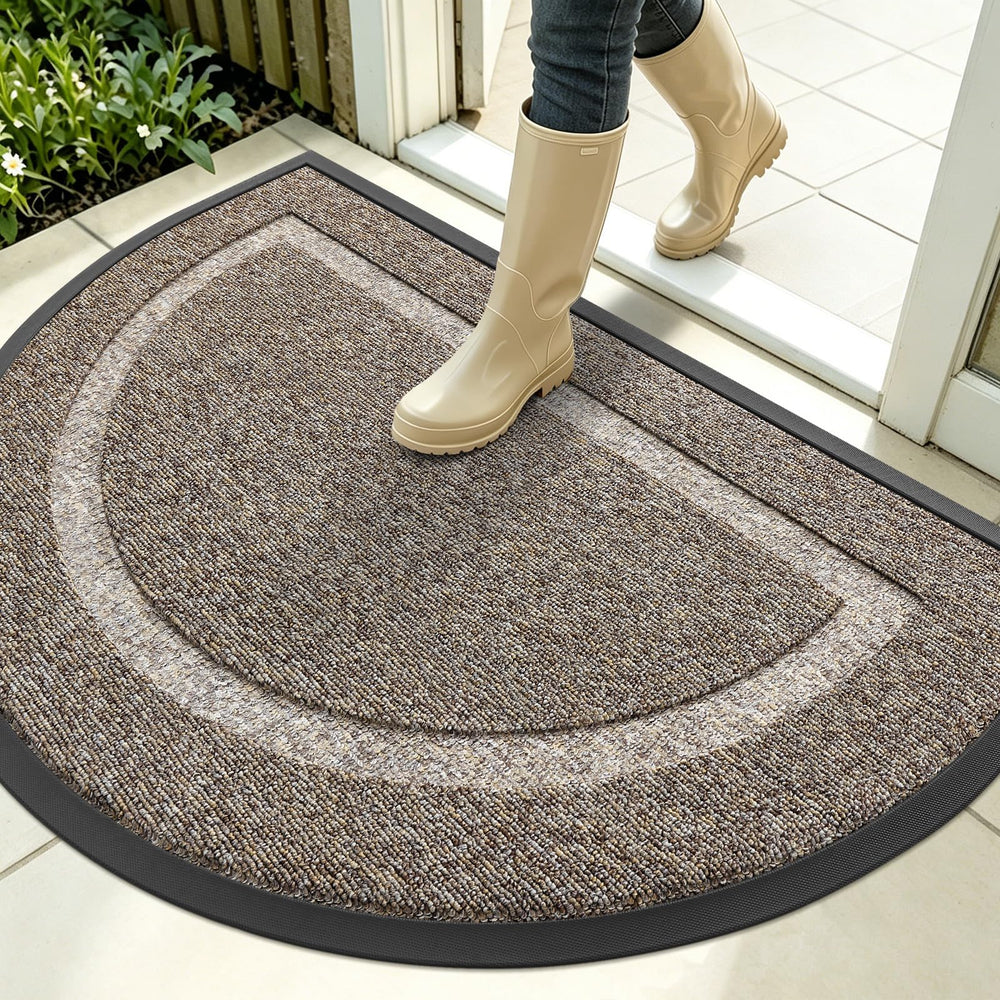 OLANLY Half Circle Doormat Khaki and White front view