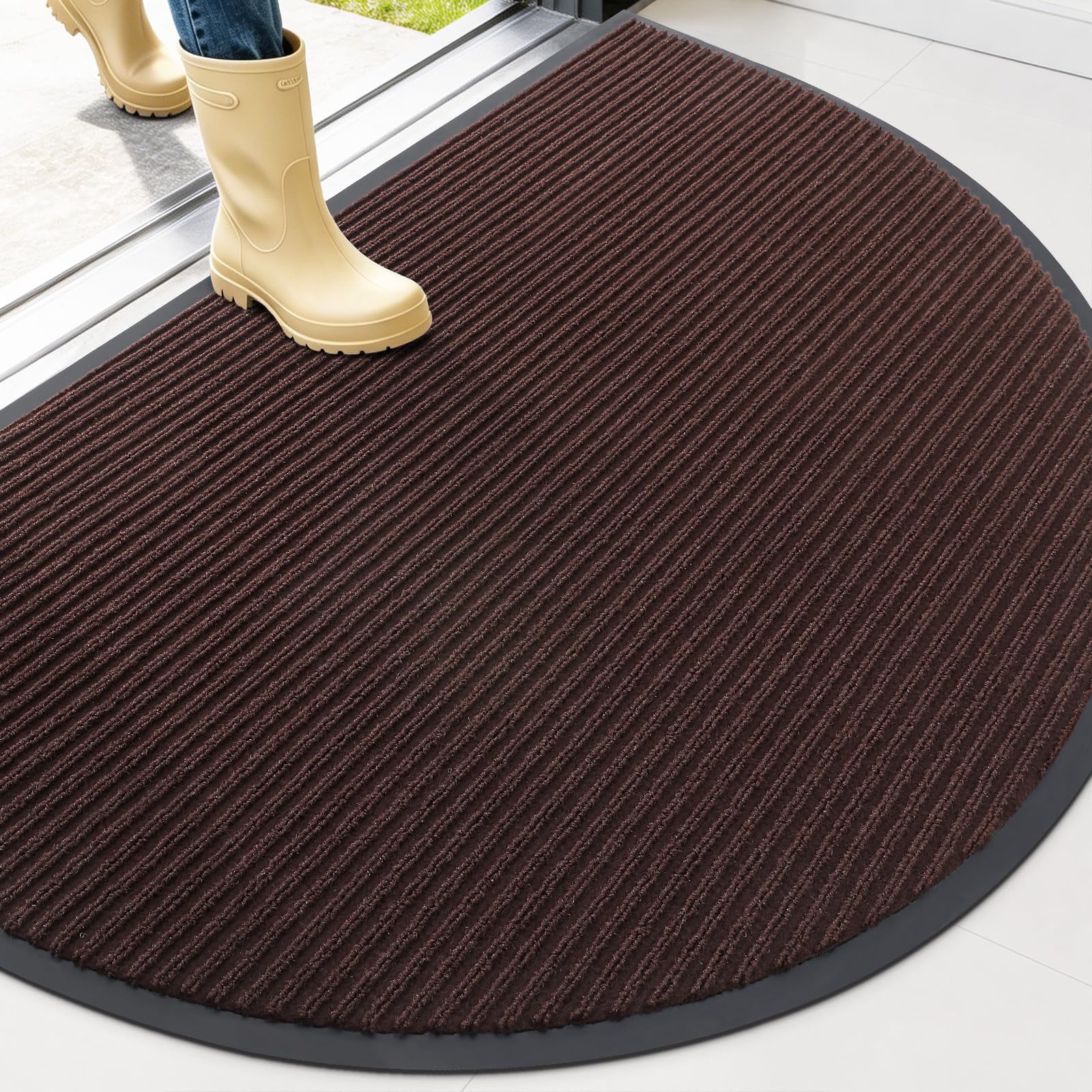 OLANLY Half Circle Front Door Mat 47x34, Brown Stripe Pattern