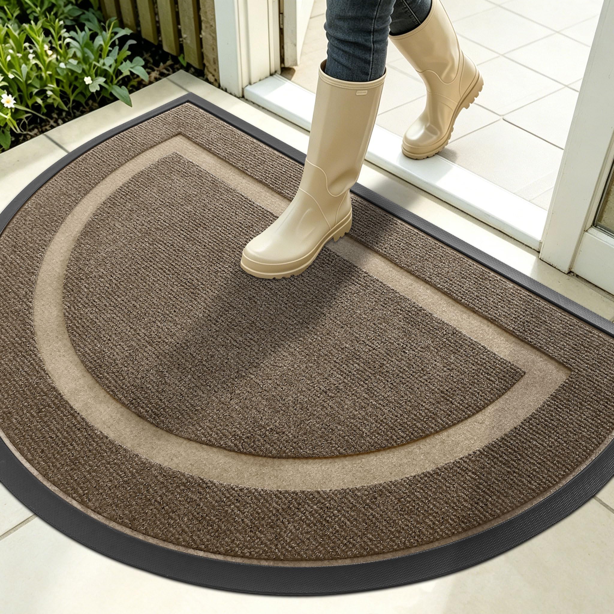 OLANLY Half Circle Front Door Mat brown front view