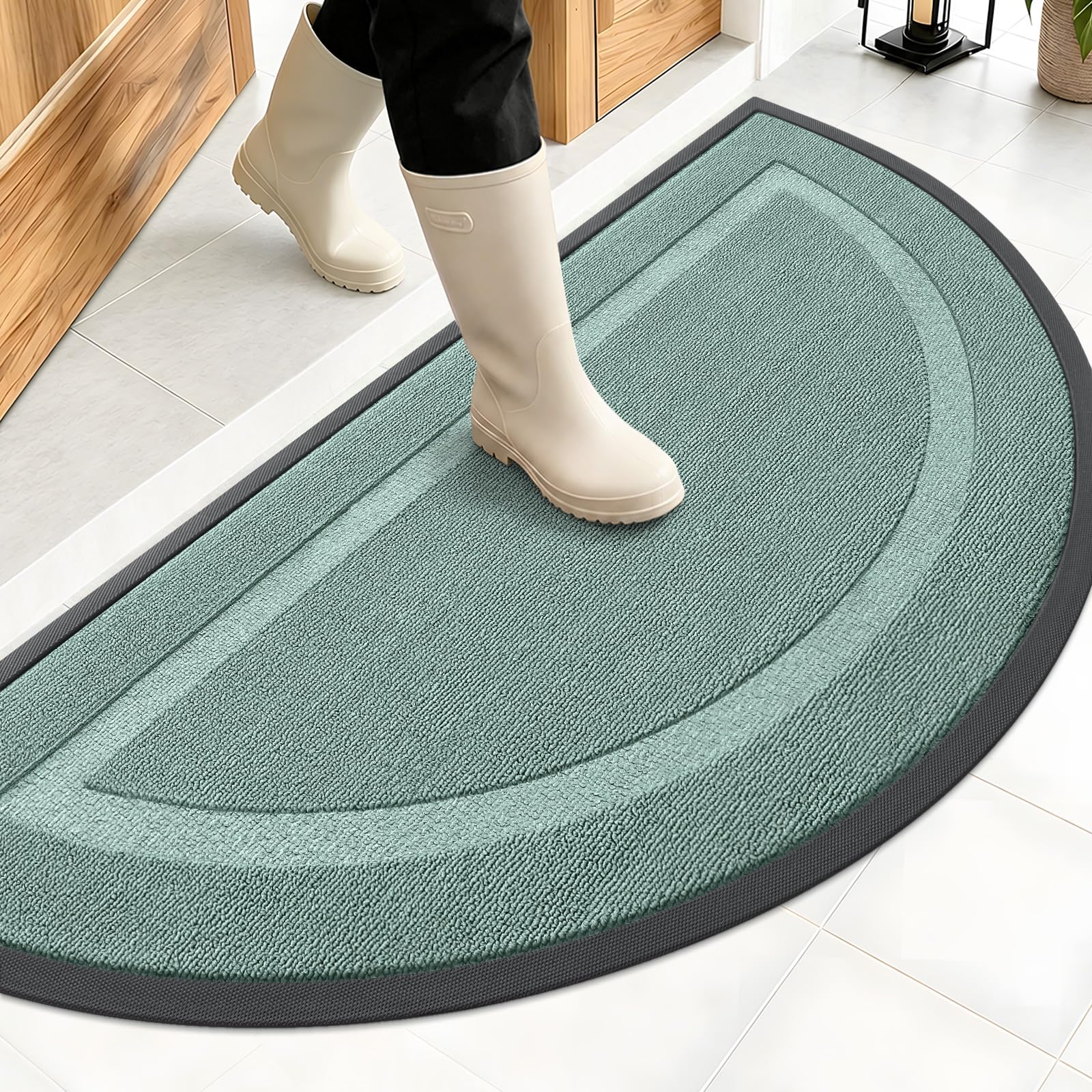 OLANLY Half Circle Front Door Mat front view in grayish green