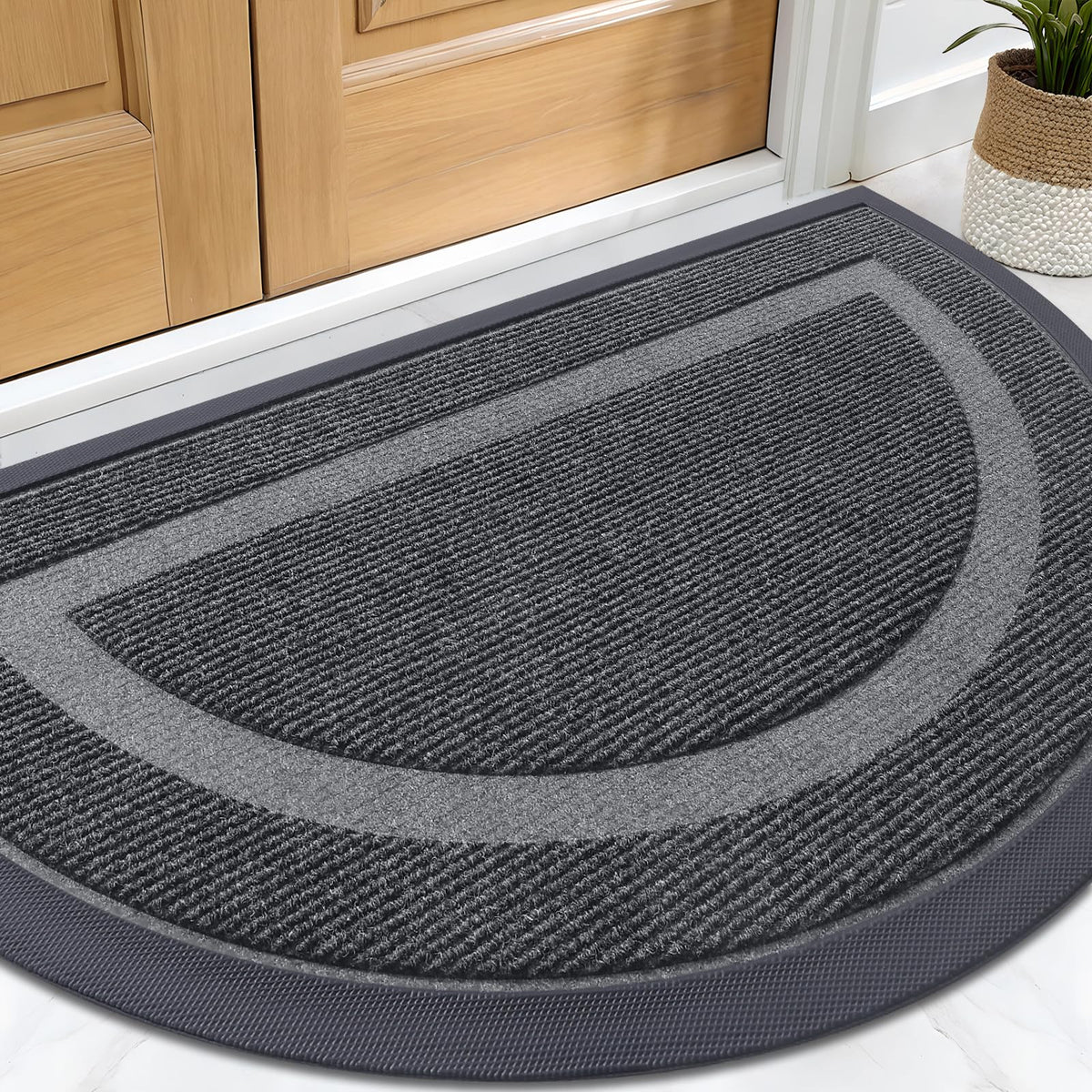 OLANLY Half Circle Front Door Mat Grey side view