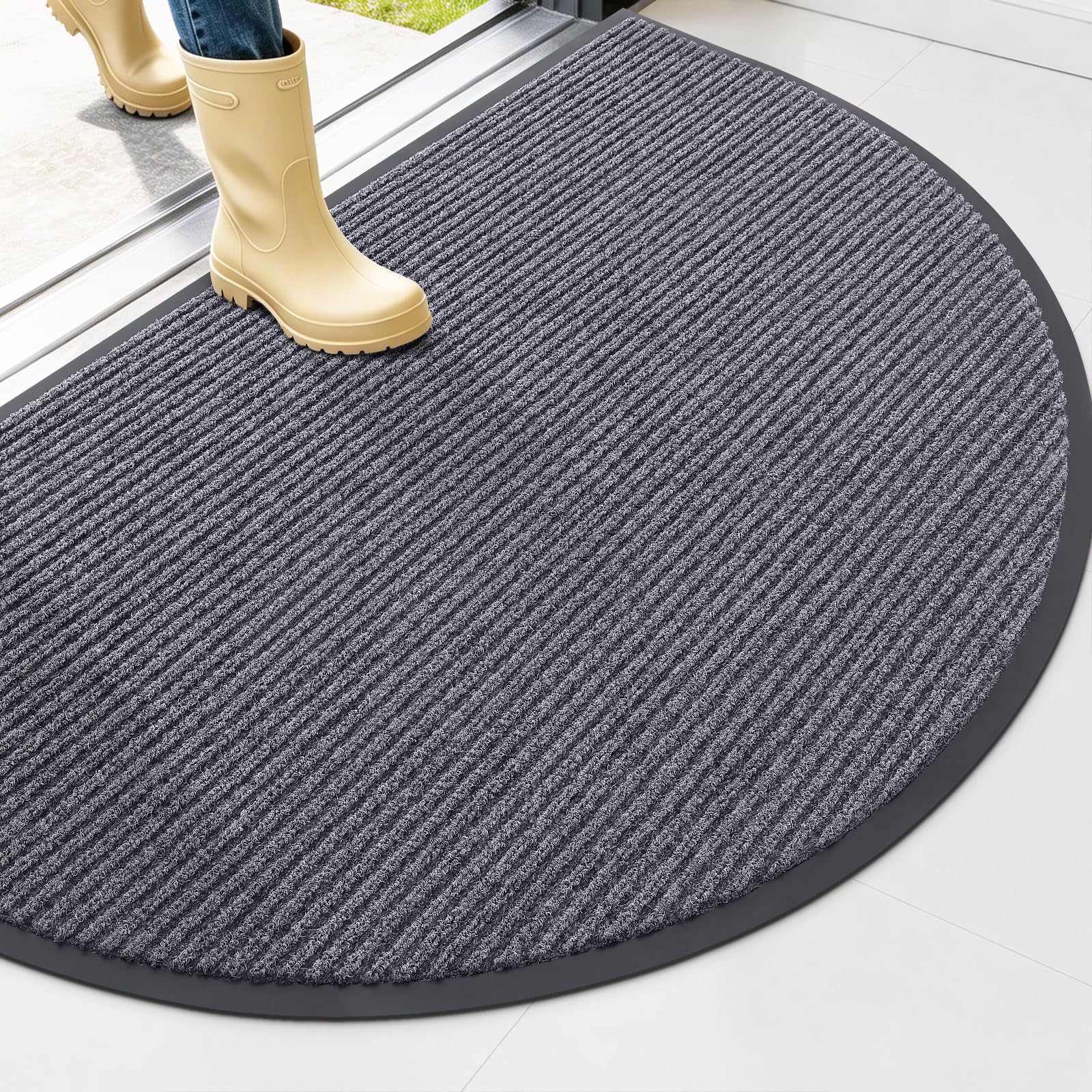 OLANLY Half Circle Front Door Mat grey top view