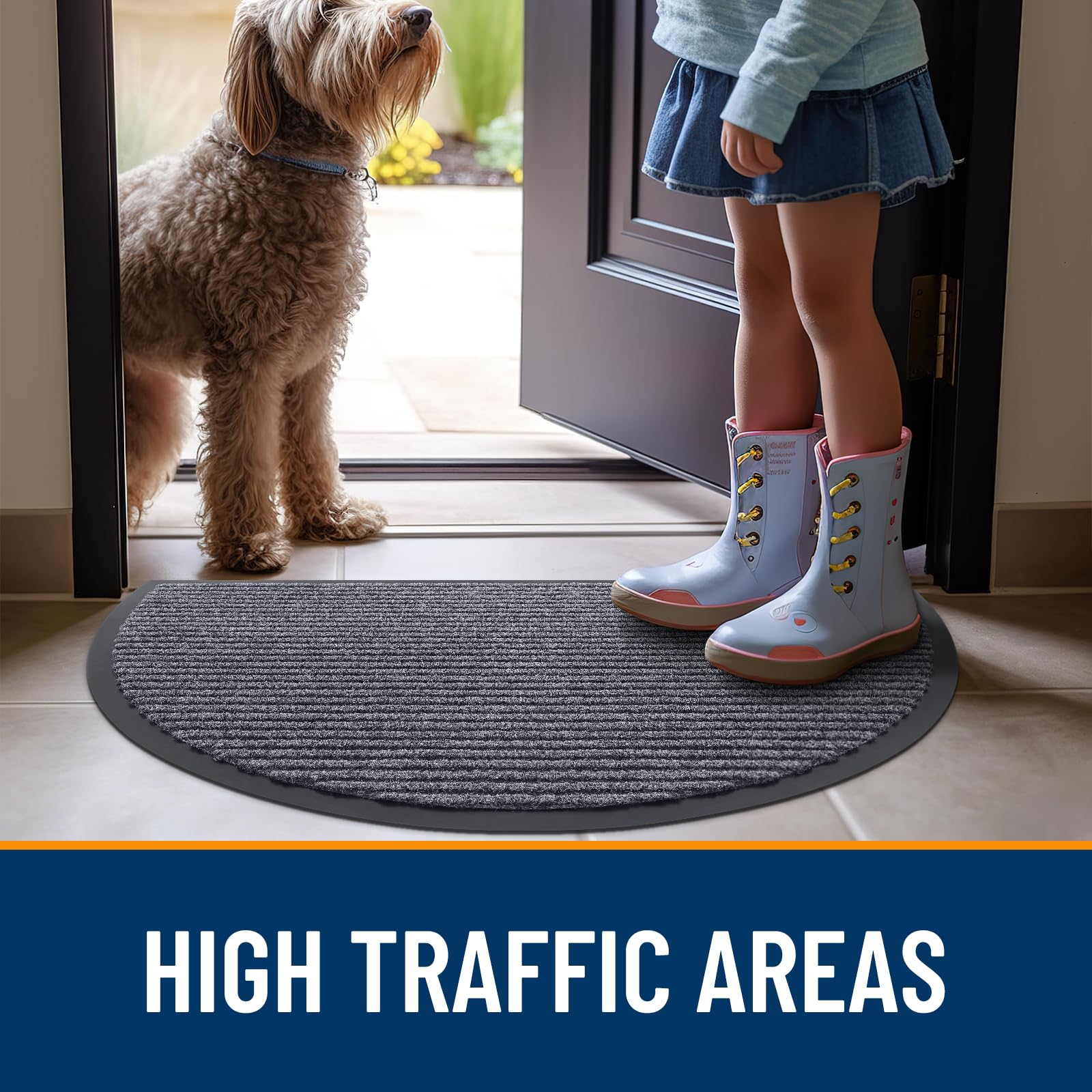 OLANLY Half Circle Front Door Mat grey with shoes on it