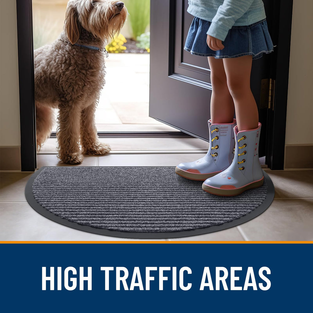 OLANLY Half Circle Front Door Mat grey with shoes on it