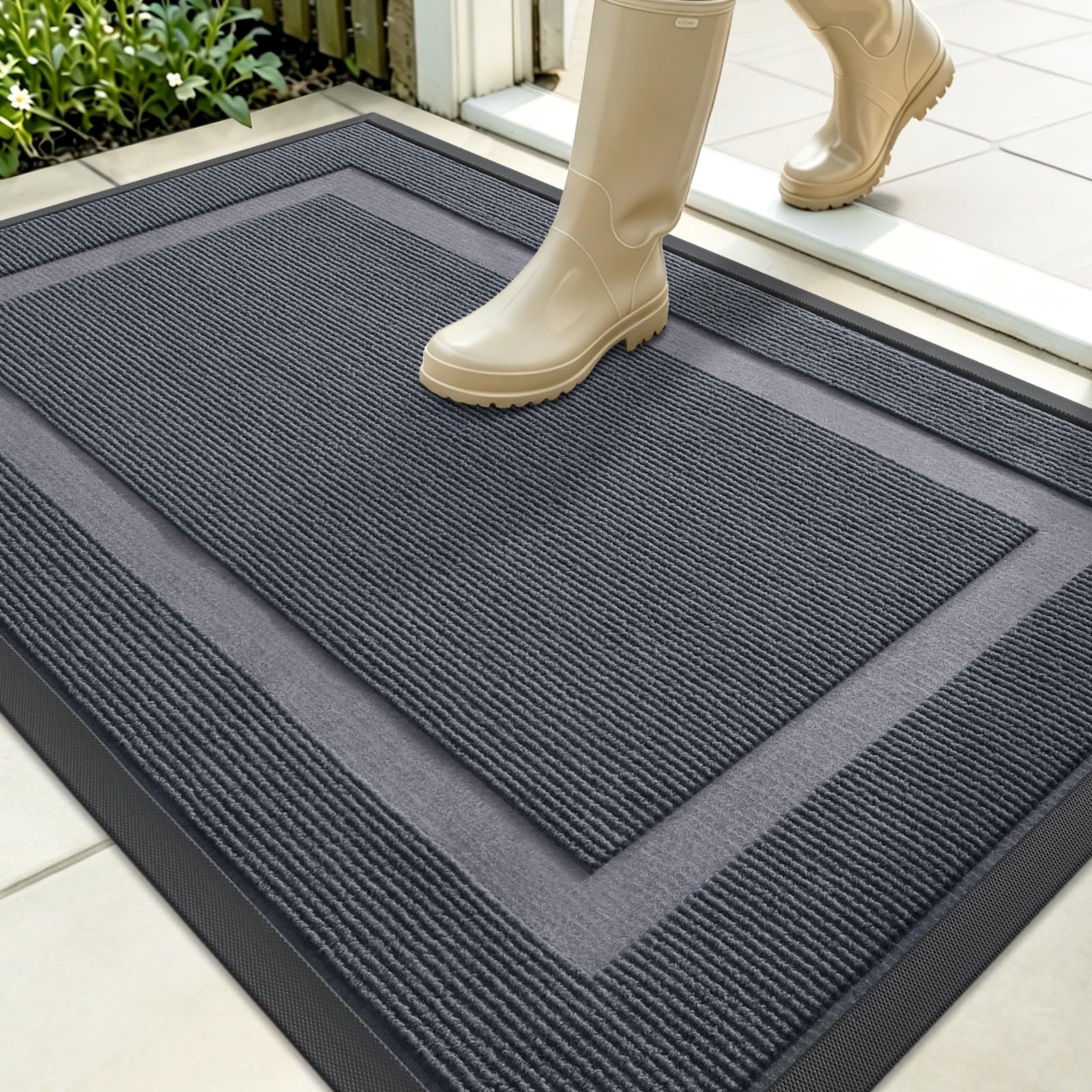 OLANLY heavy-duty door mat front view in light grey
