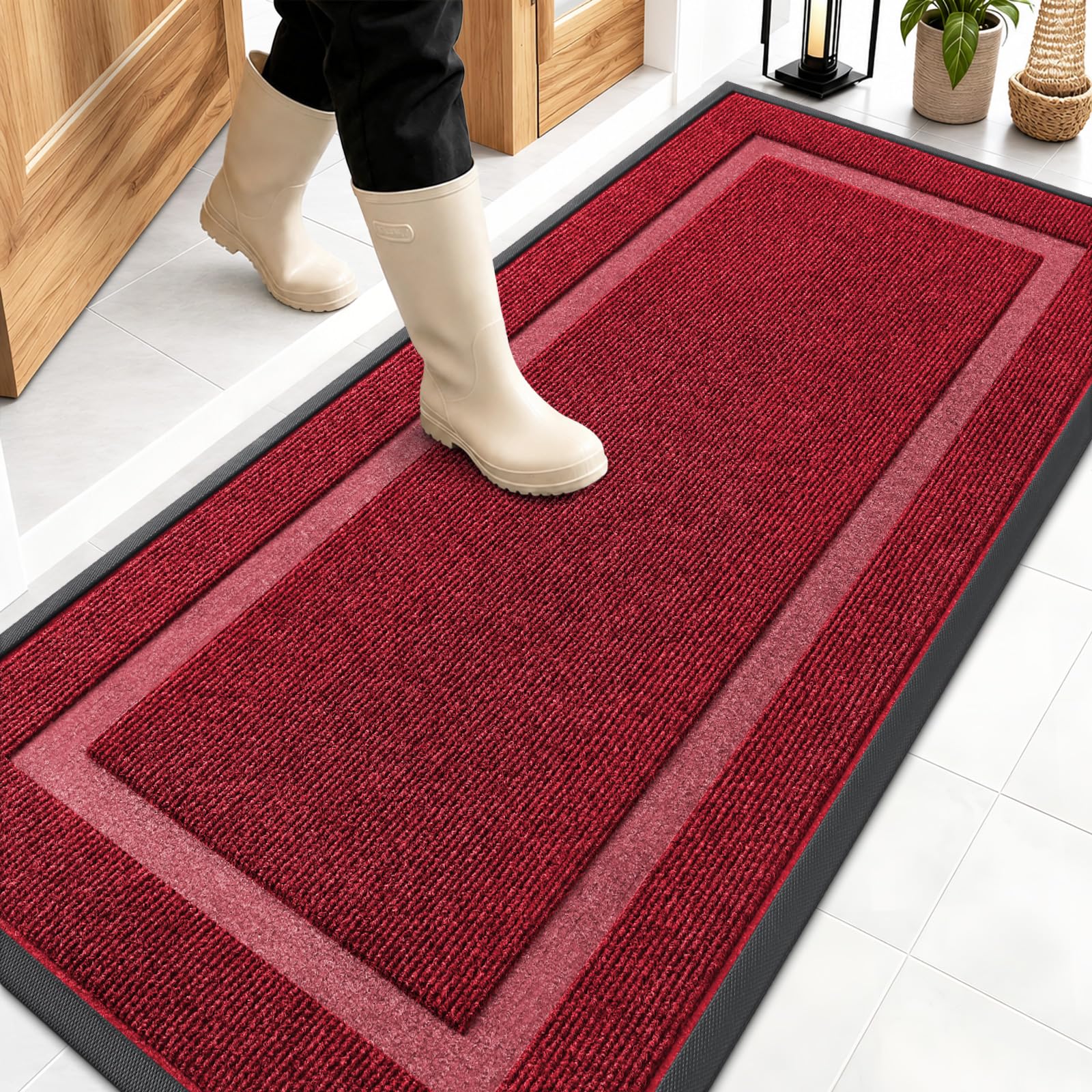 OLANLY Heavy-Duty Rubber Doormat 59x23 front view in wine red