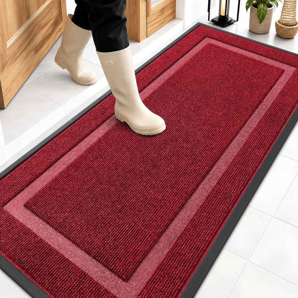 OLANLY Heavy-Duty Rubber Doormat 59x23 front view in wine red