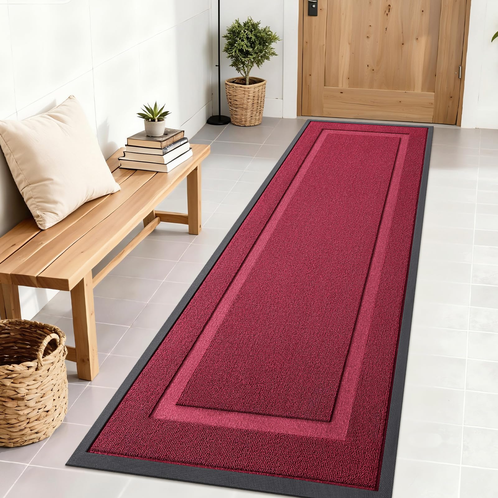 OLANLY Heavy-Duty Rubber Doormat front view, Burgundy