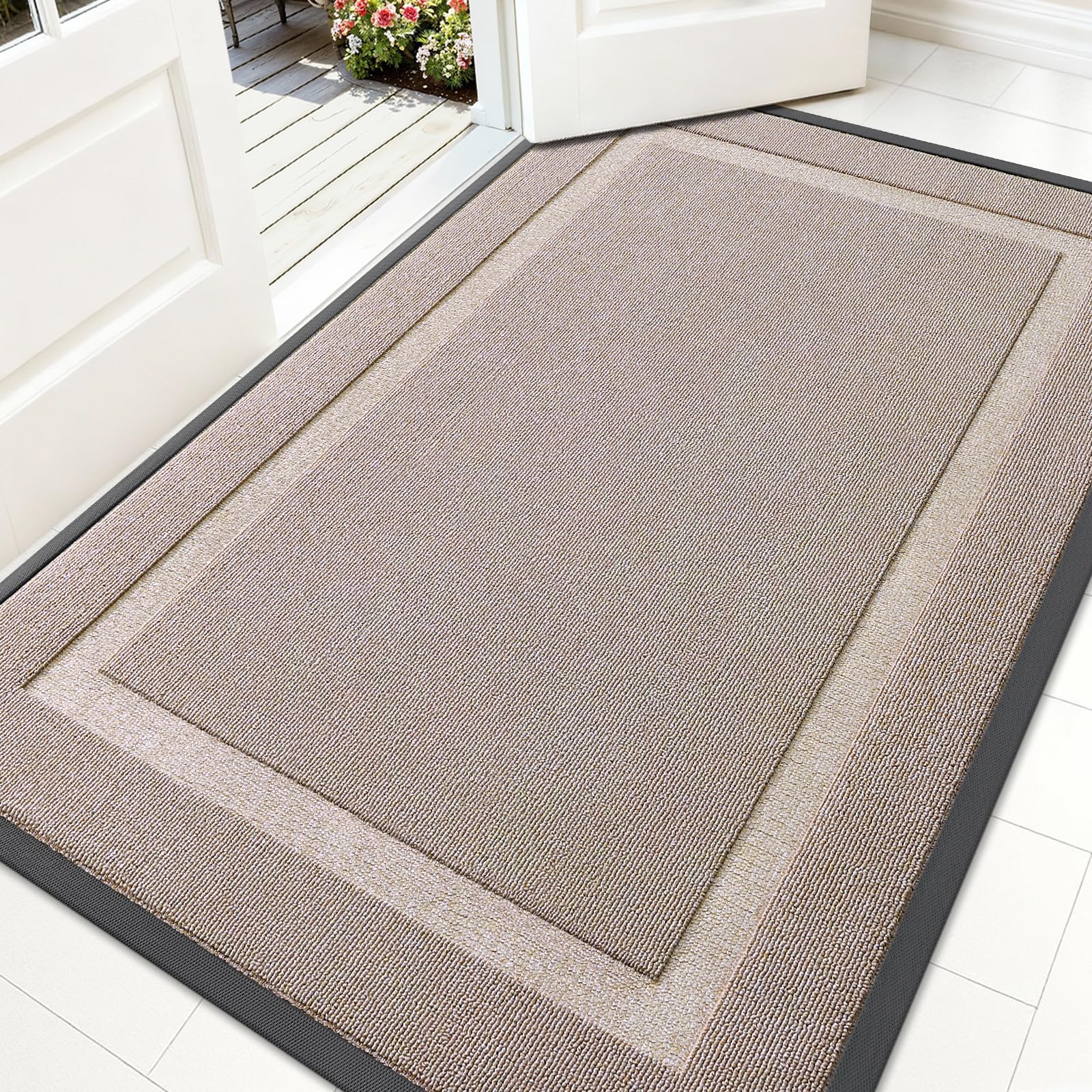 OLANLY Heavy-Duty Rubber Doormat front view, Camel colour