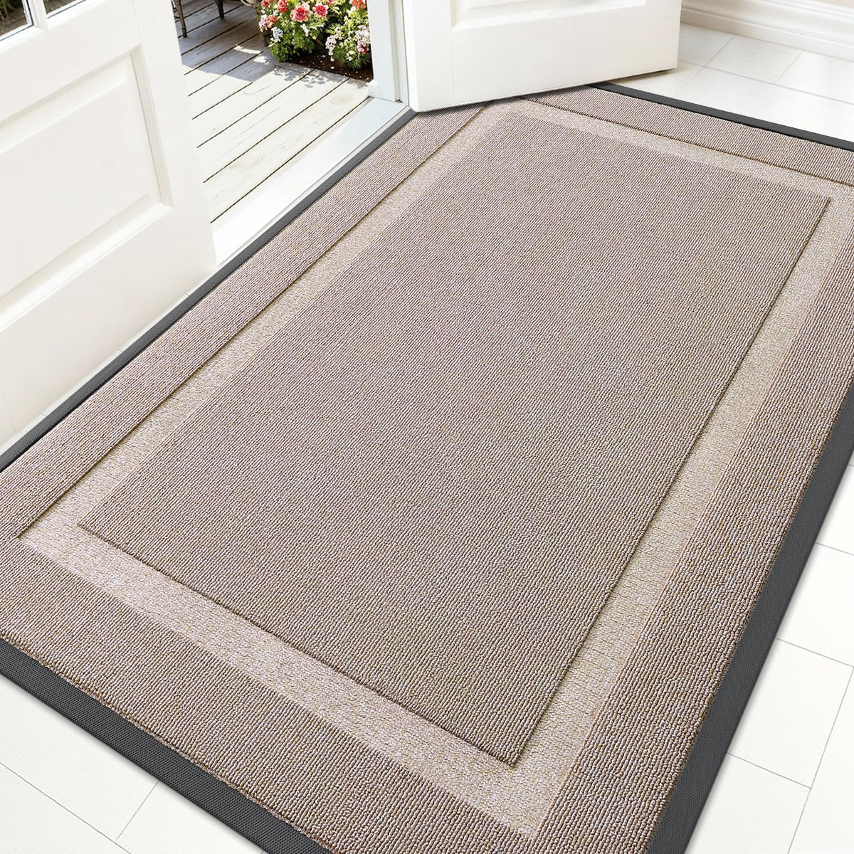 OLANLY Heavy-Duty Rubber Doormat front view, Camel colour