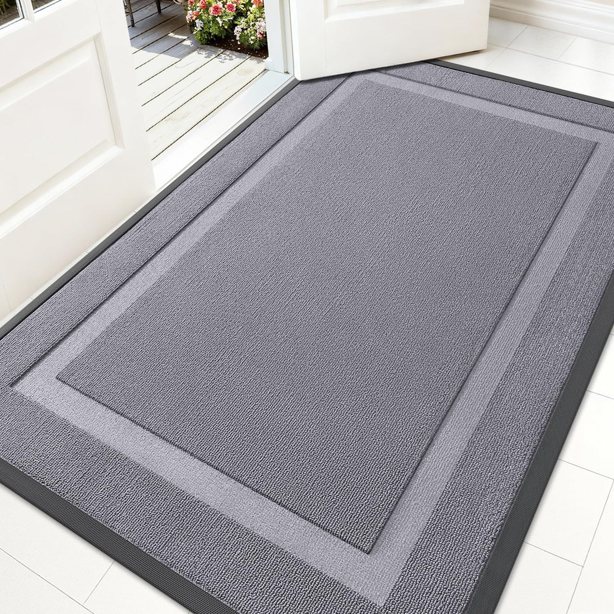 OLANLY Heavy-Duty Rubber Doormat front view, Classic Gray