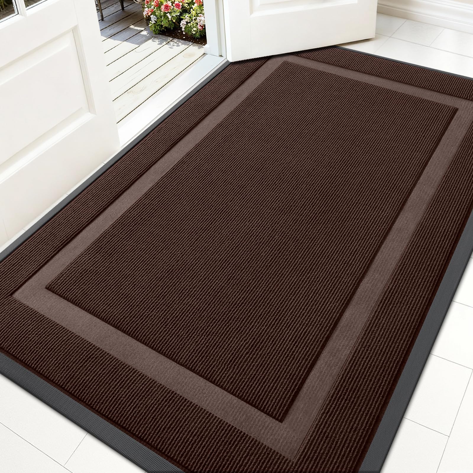 OLANLY Heavy-Duty Rubber Doormat front view, Dark Brown