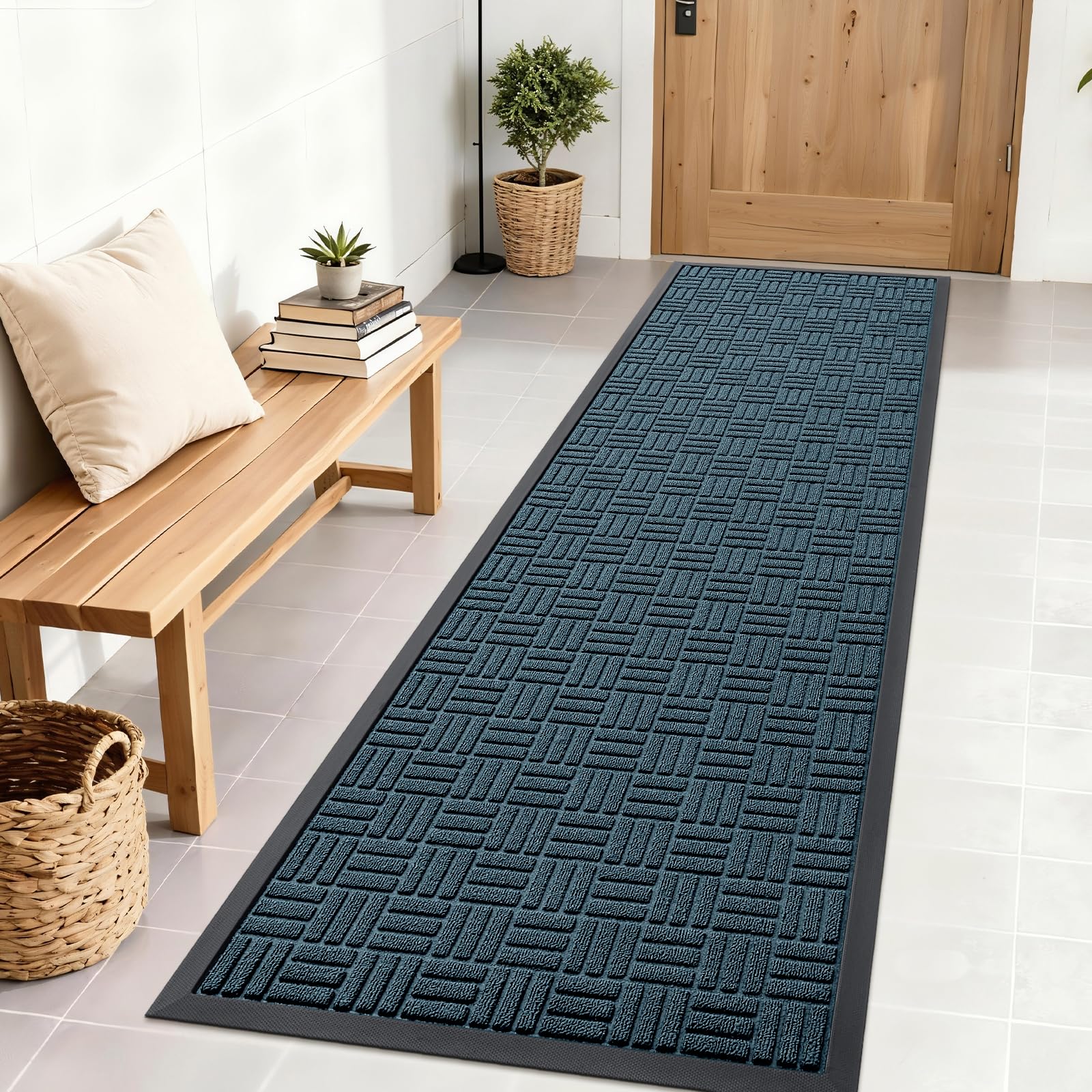 OLANLY Heavy-Duty Rubber Doormat front view in Lake Blue