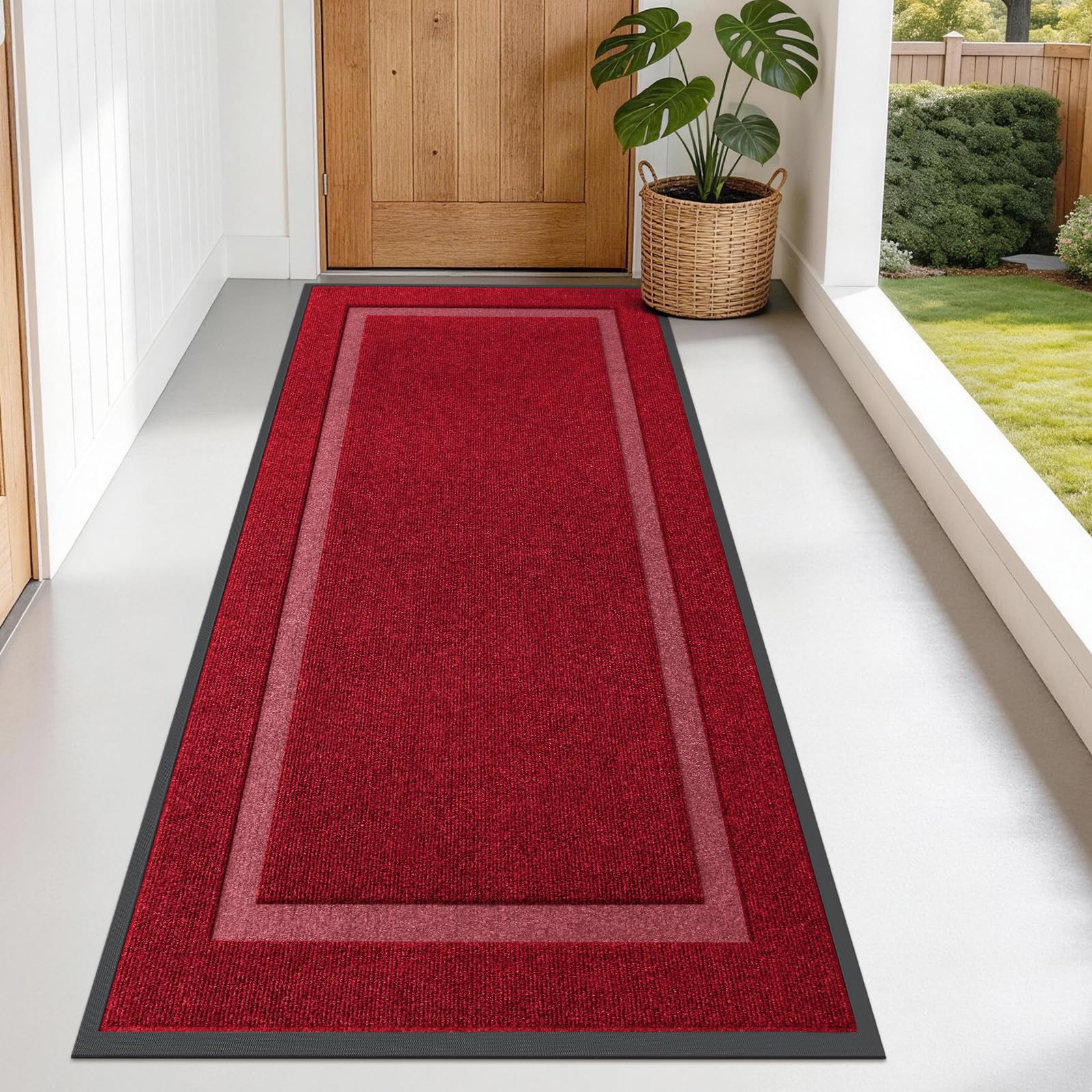 OLANLY Heavy-Duty Rubber Doormat front view in wine red
