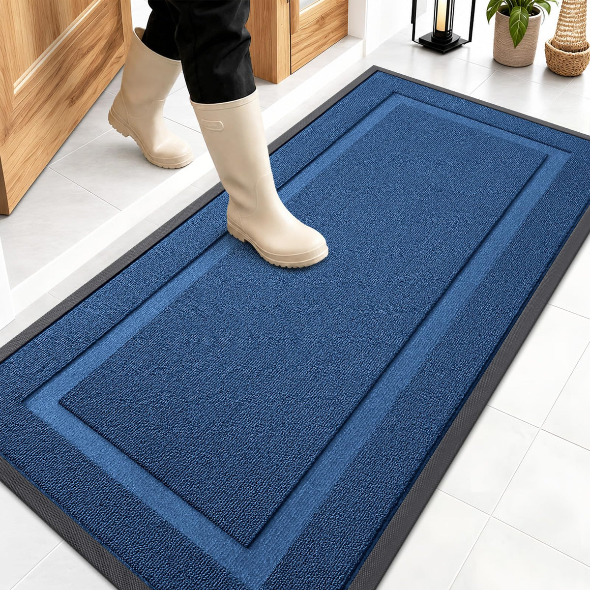 OLANLY heavy-duty rubber doormat front view, navy blue