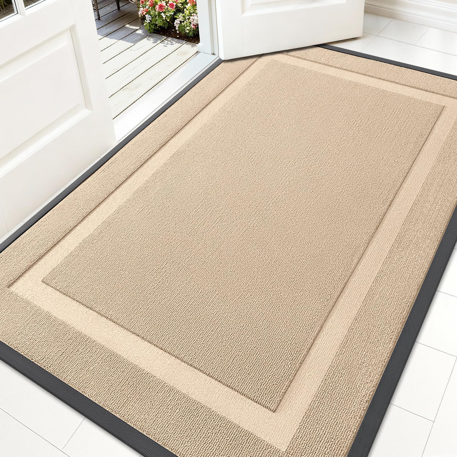OLANLY Heavy-Duty Rubber Doormat front view, off-white