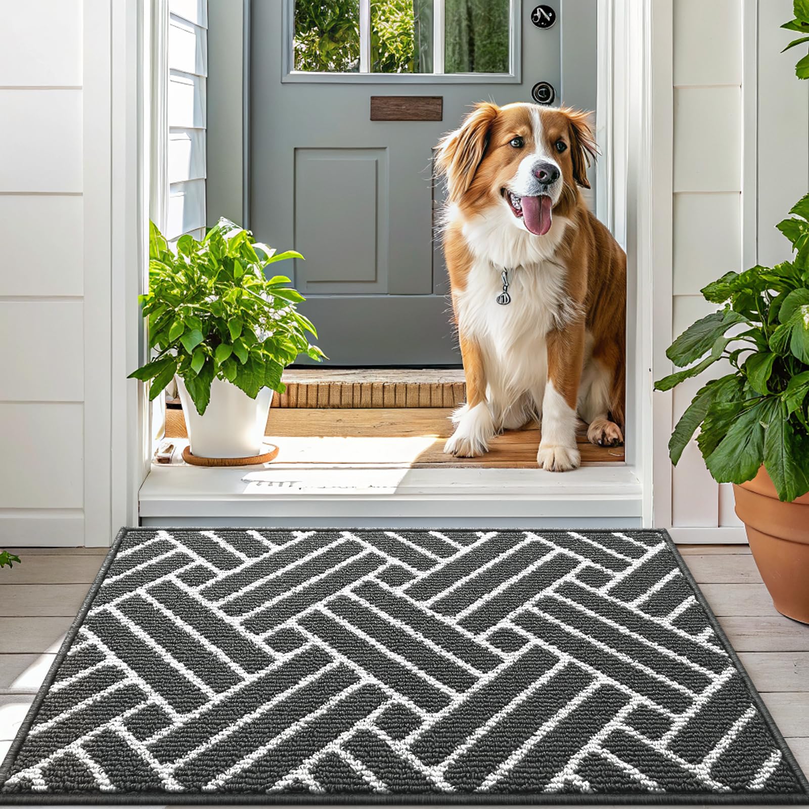 OLANLY Indoor Door Mat being cleaned with a broom