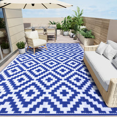 OLANLY Outdoor Rug 10x14 ft blue and white geometric design front view