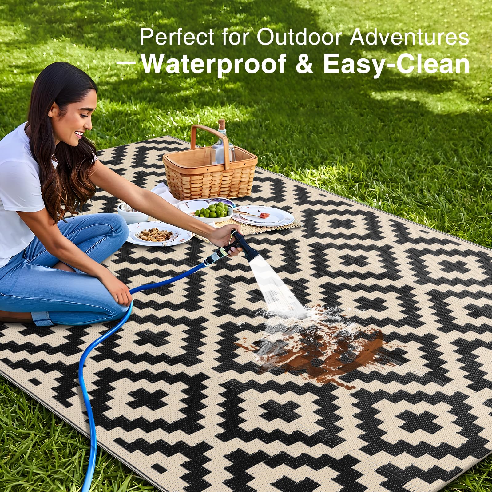 OLANLY Outdoor Rug 4x6 ft reversible design showing both sides