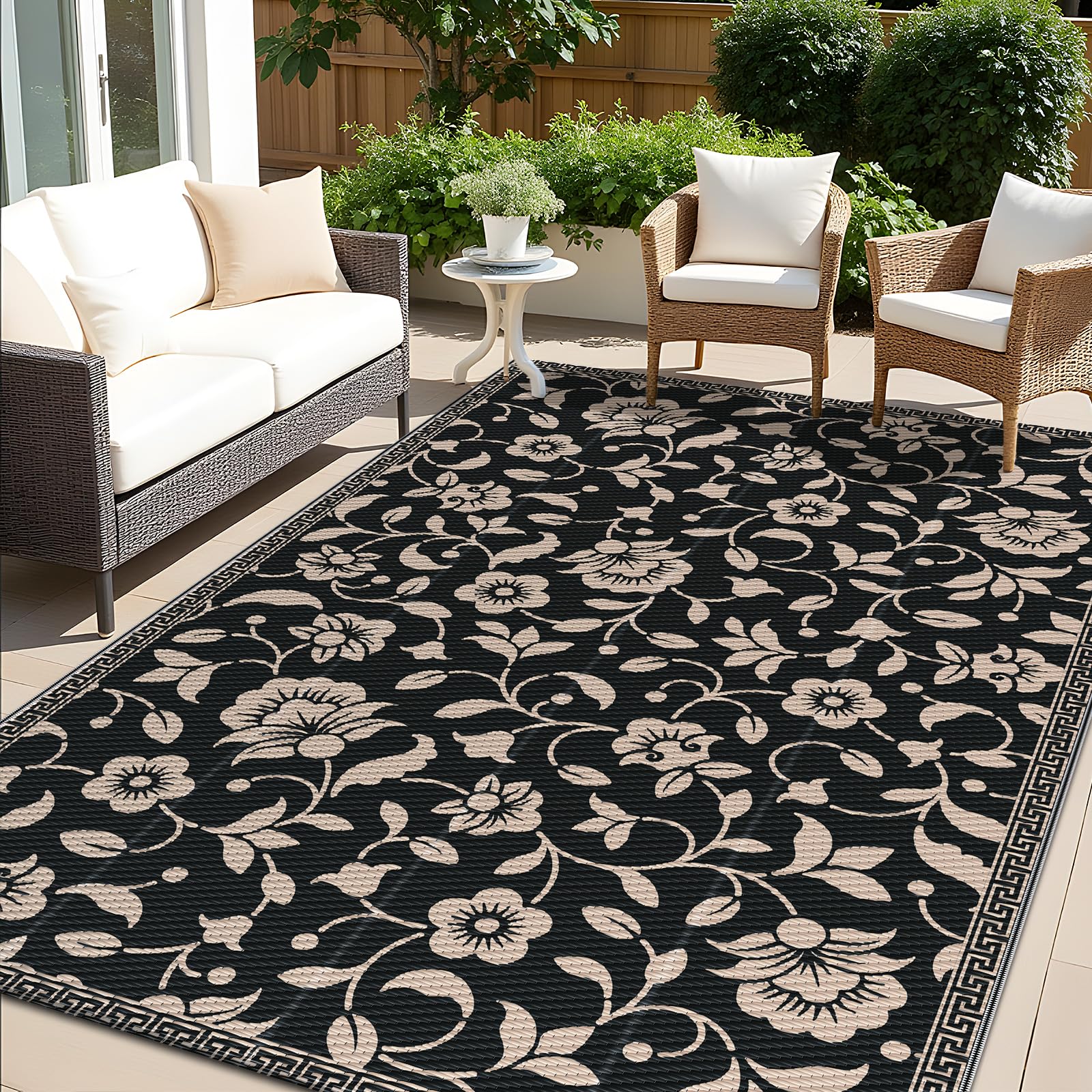OLANLY Outdoor Rug 5x8 ft black and beige floral pattern front view