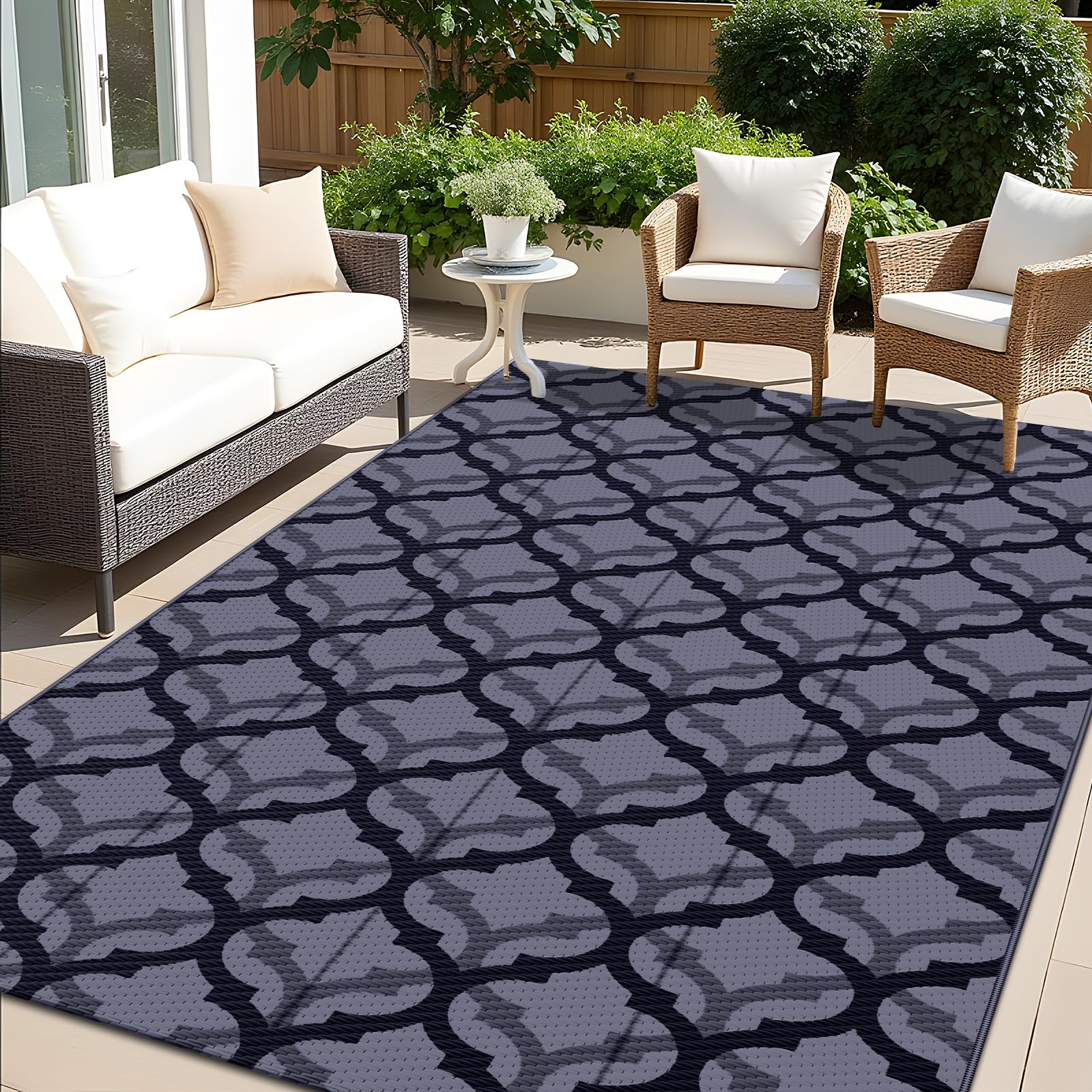 OLANLY Outdoor Rug 5x8 ft black and grey braided design