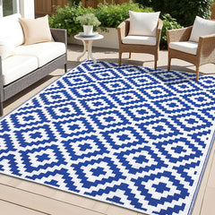 OLANLY Outdoor Rug 5x8 ft blue and white geometric pattern front view