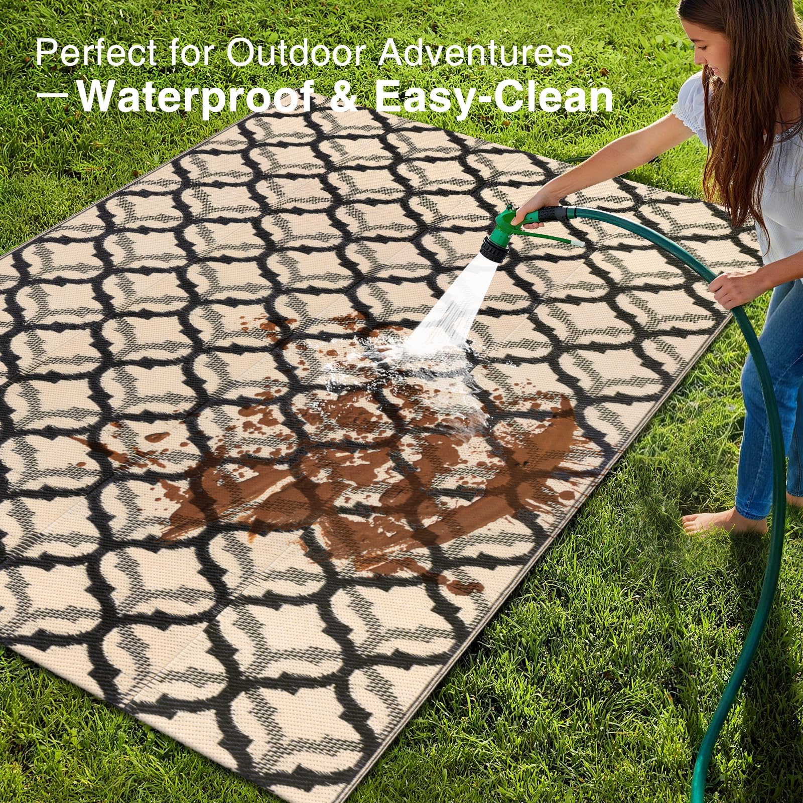 OLANLY Outdoor Rug 5x8 ft displayed on patio
