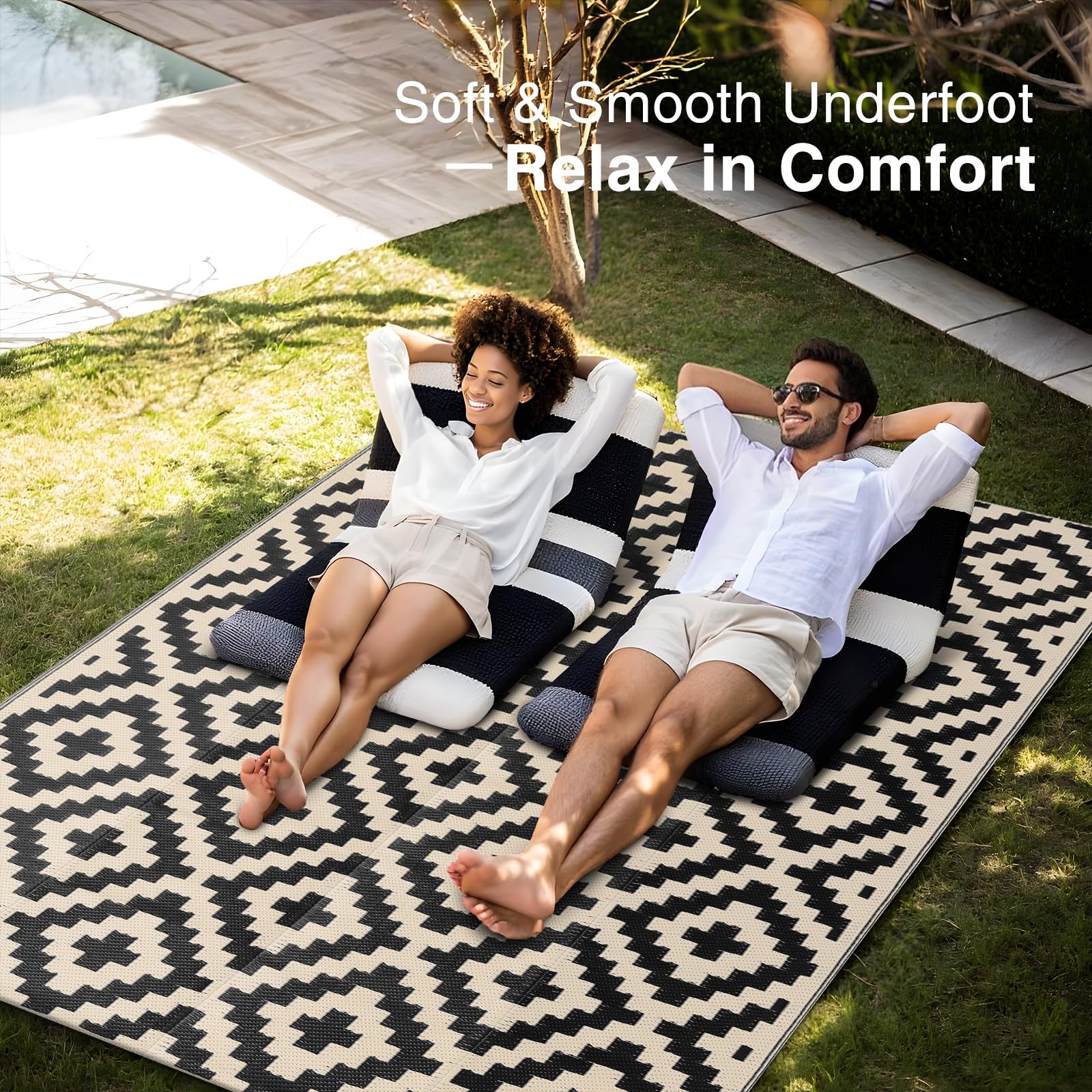 OLANLY Outdoor Rug 5x8 ft in a camping setup