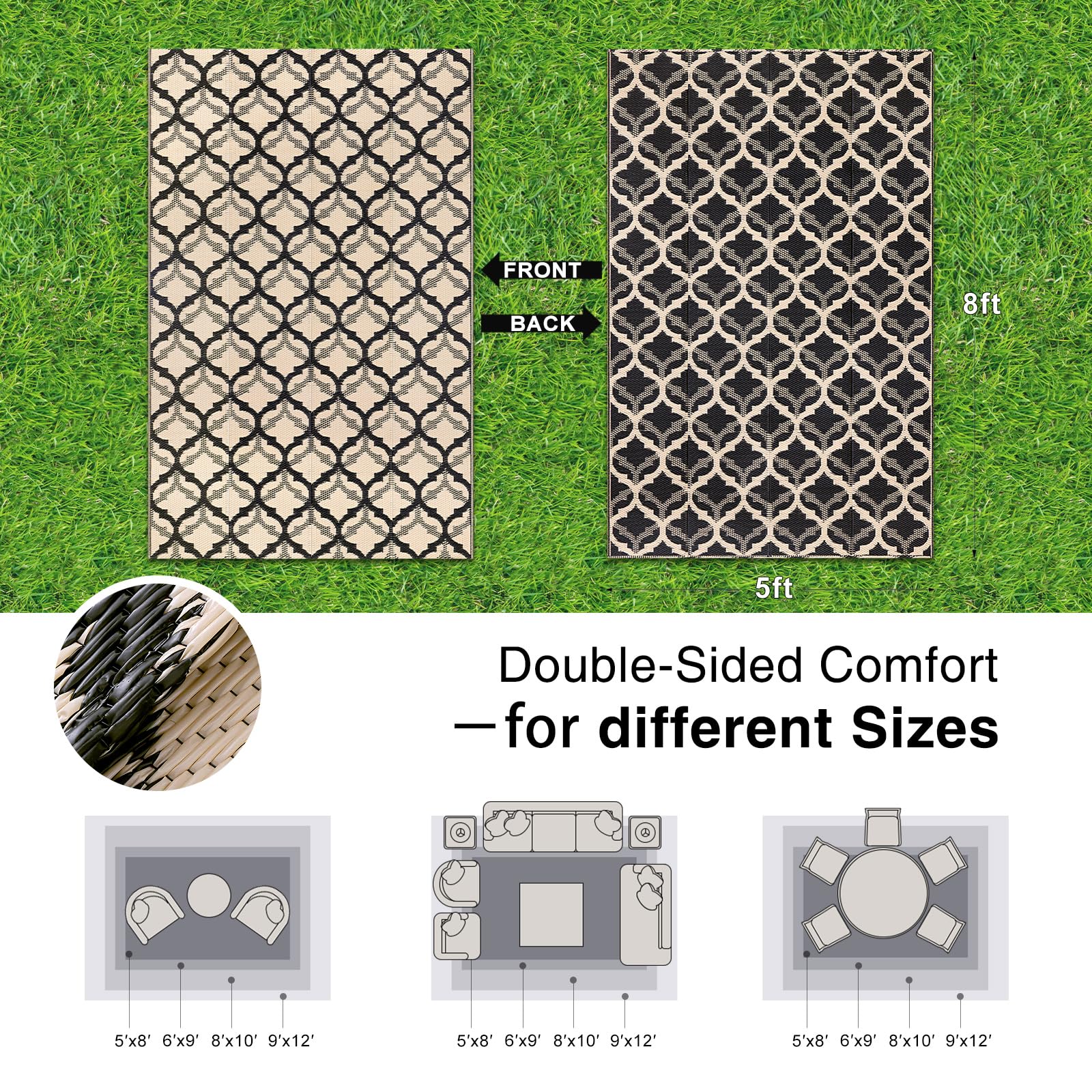 OLANLY Outdoor Rug 5x8 ft reversible black and beige side view