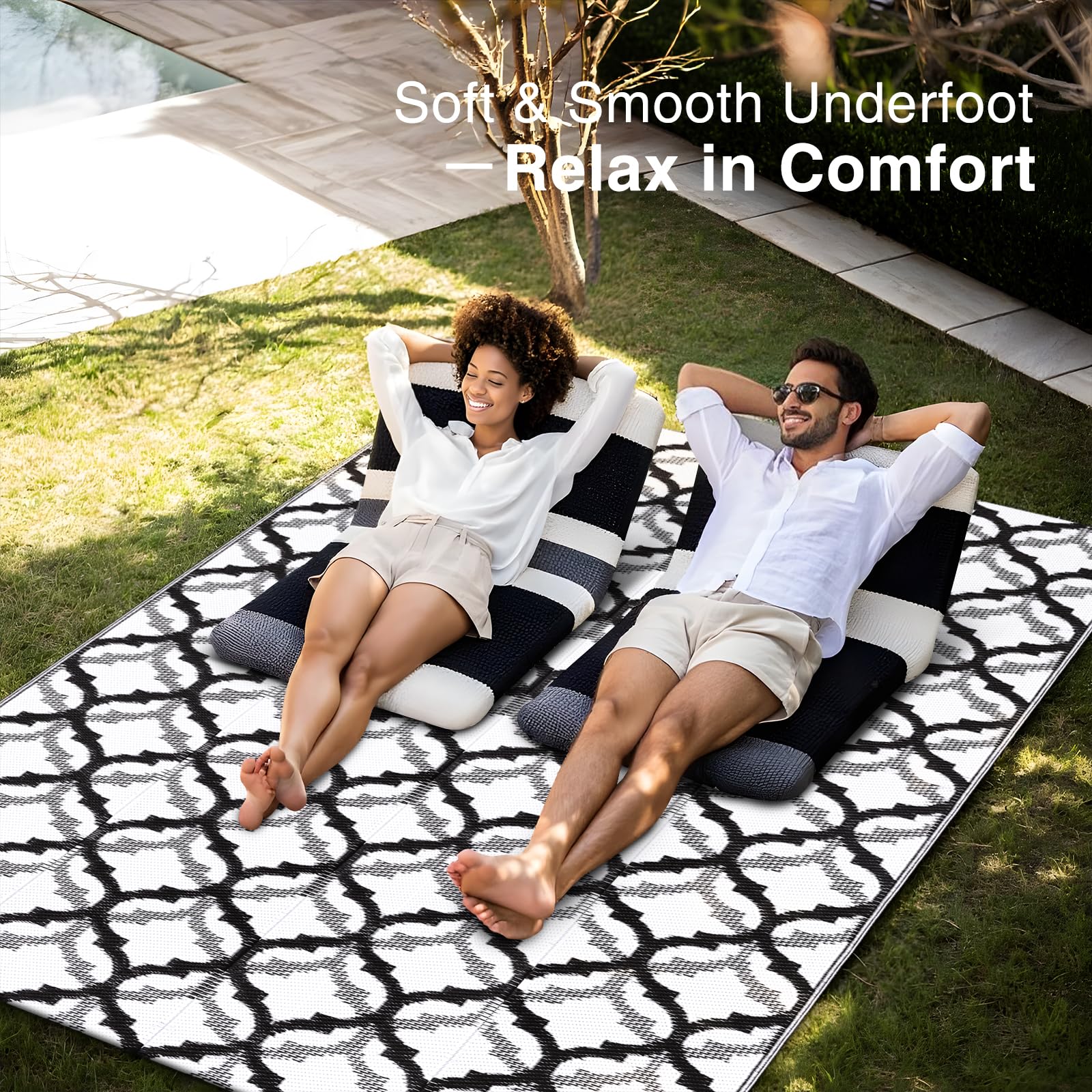 OLANLY Outdoor Rug 5x8 ft used in a picnic setup